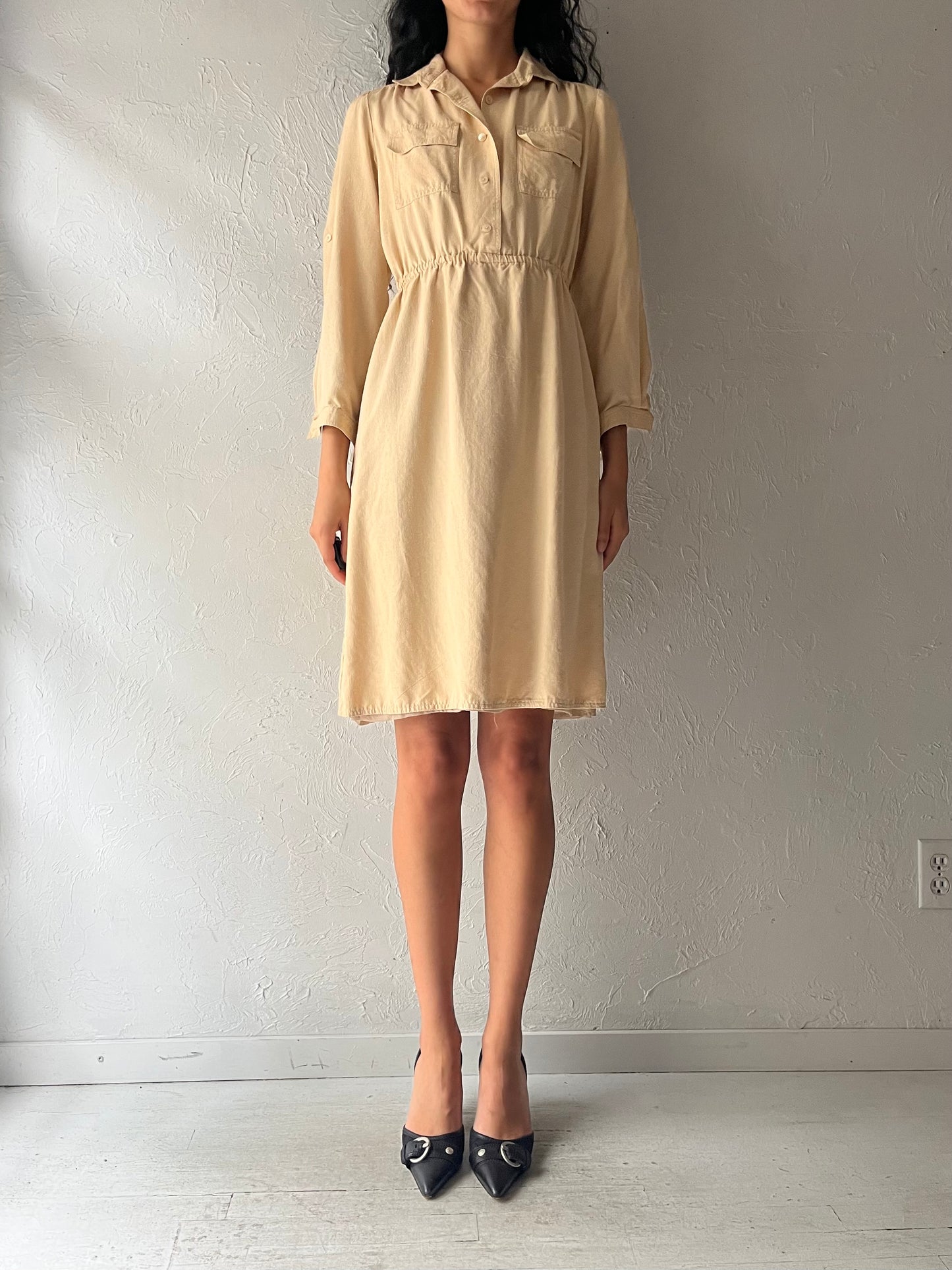 80s 'FML' Cream Raw Silk Dress / Small