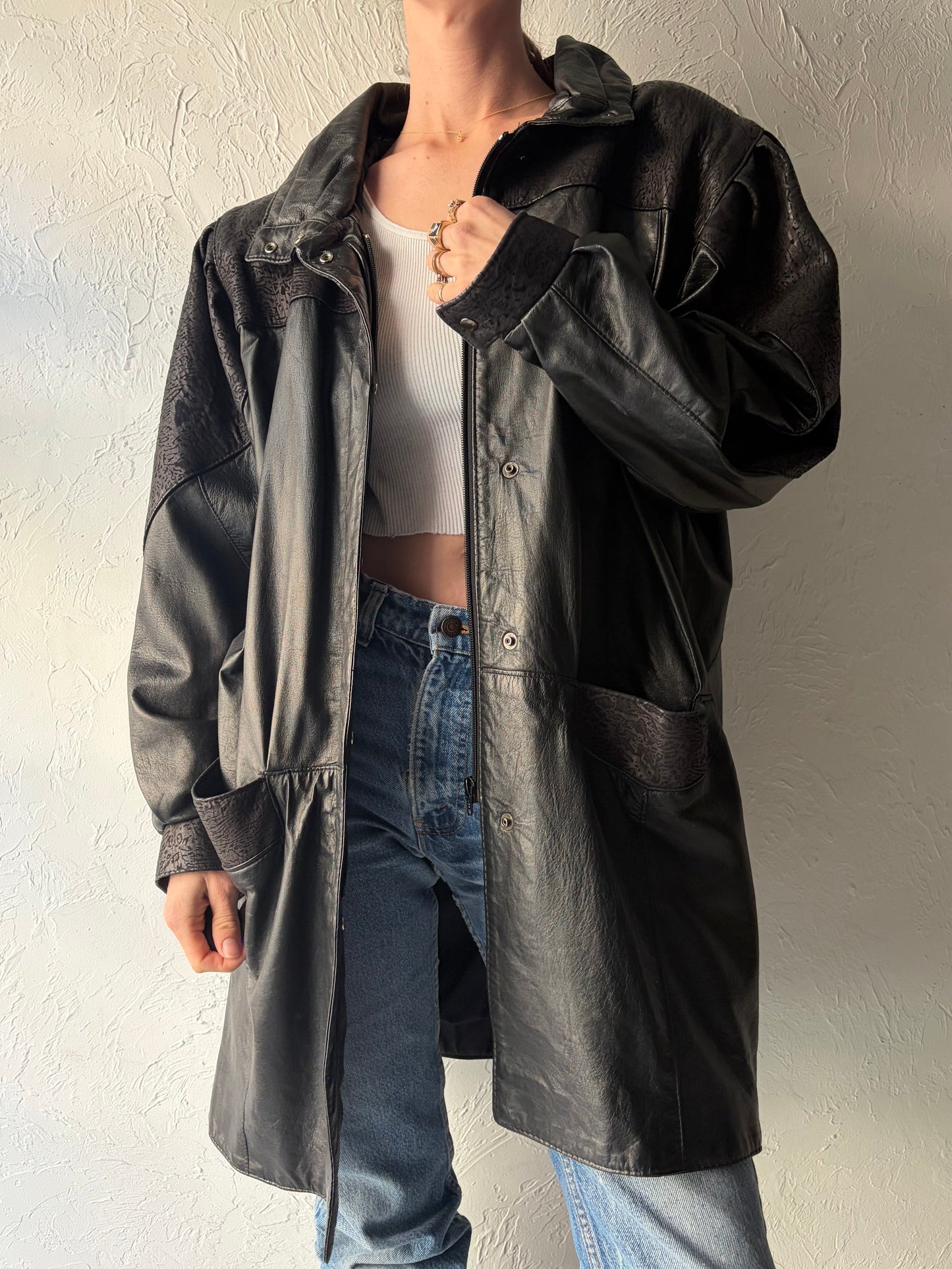 80s 'Oscar Leopold' Black Classic Leather Retro Minimalist Jacket / Large