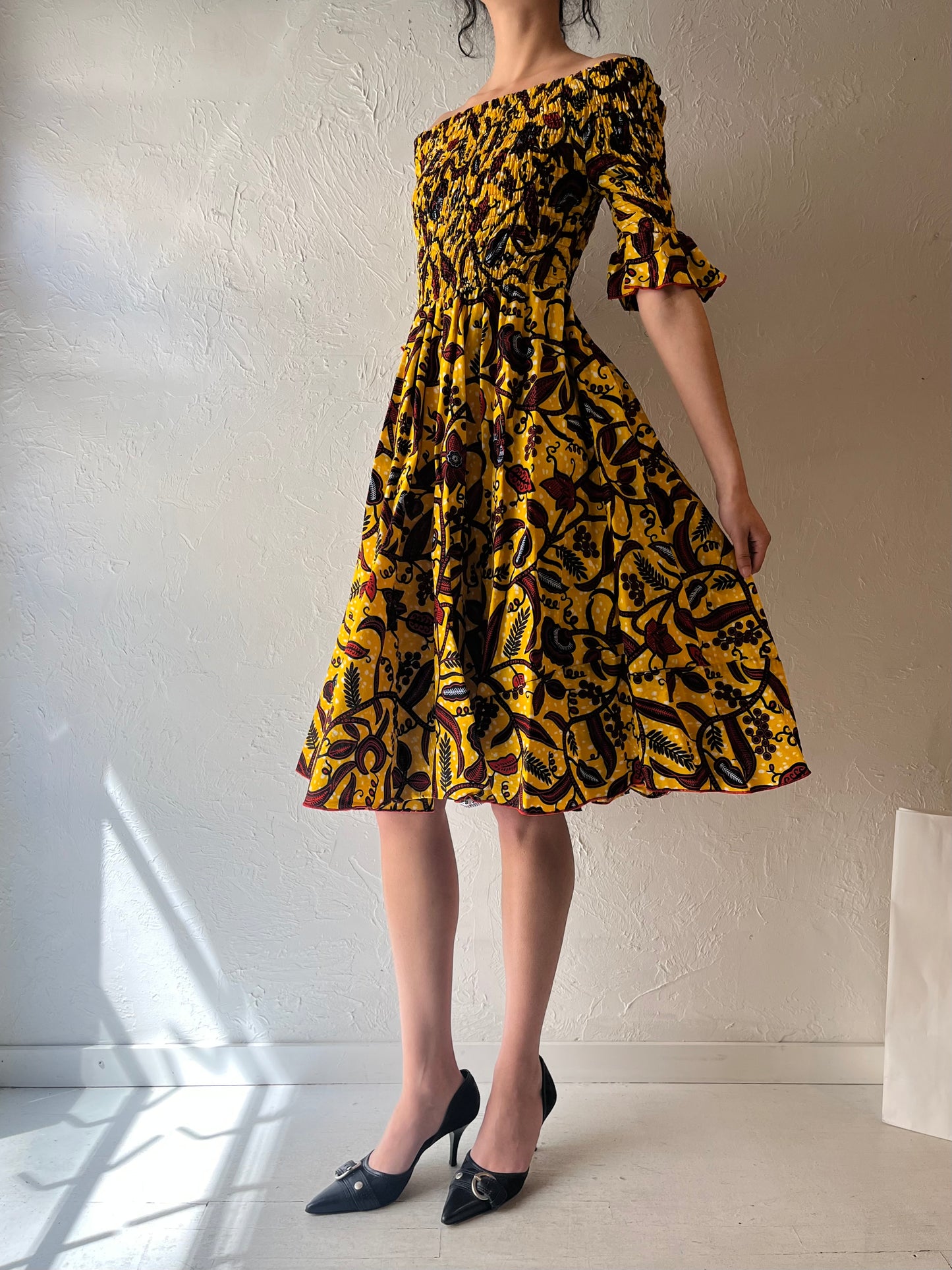 90s Yellow Abstract Smocked Dress / Small