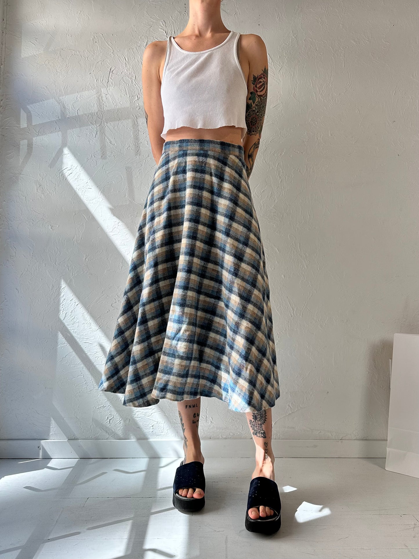 70s Blue Plaid Knit Midi Skirt / Small