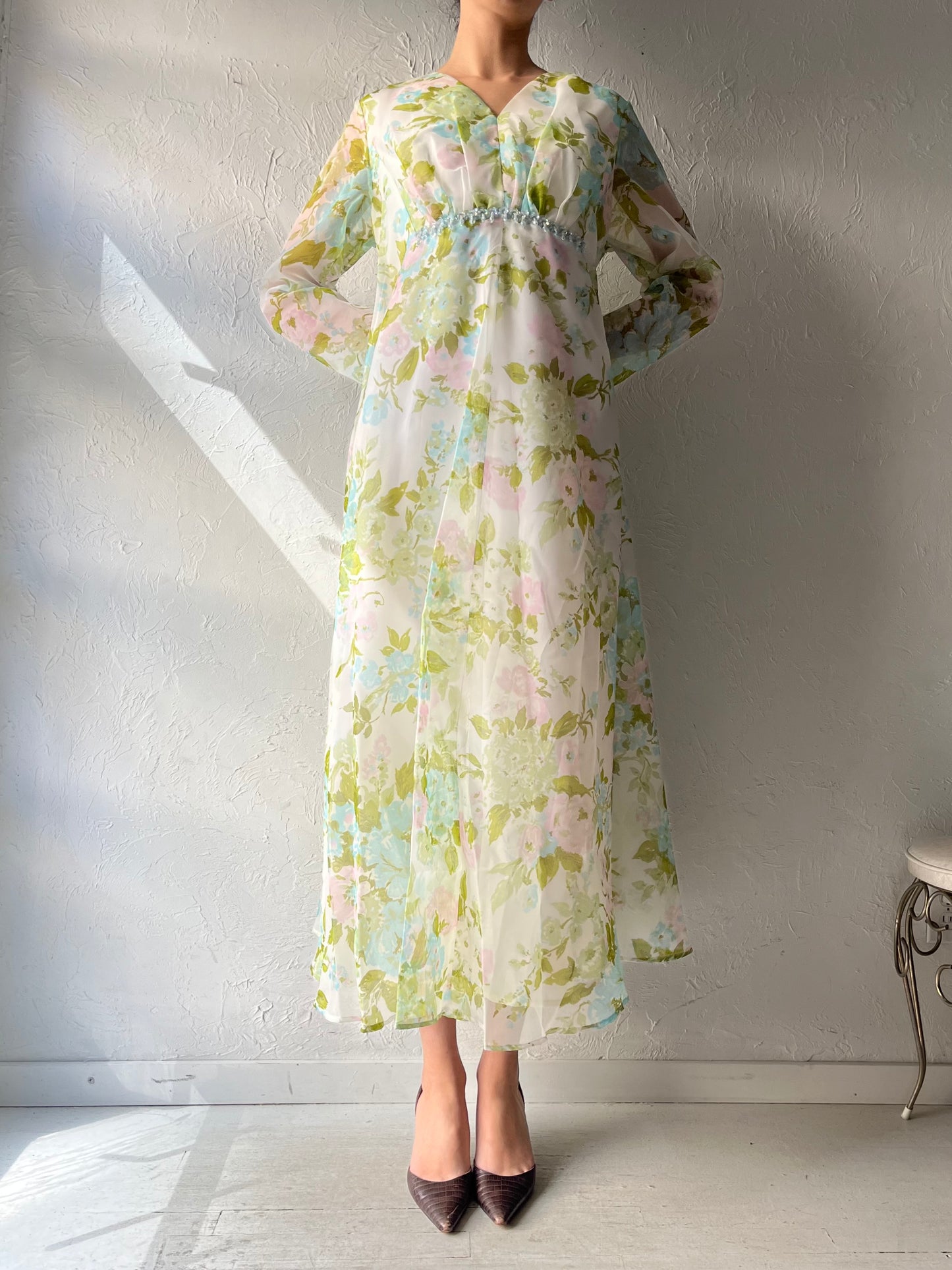 70s Vintage Floral Long Sleeve Gown / Romanic Summer Formal Dress / Union Made / Large