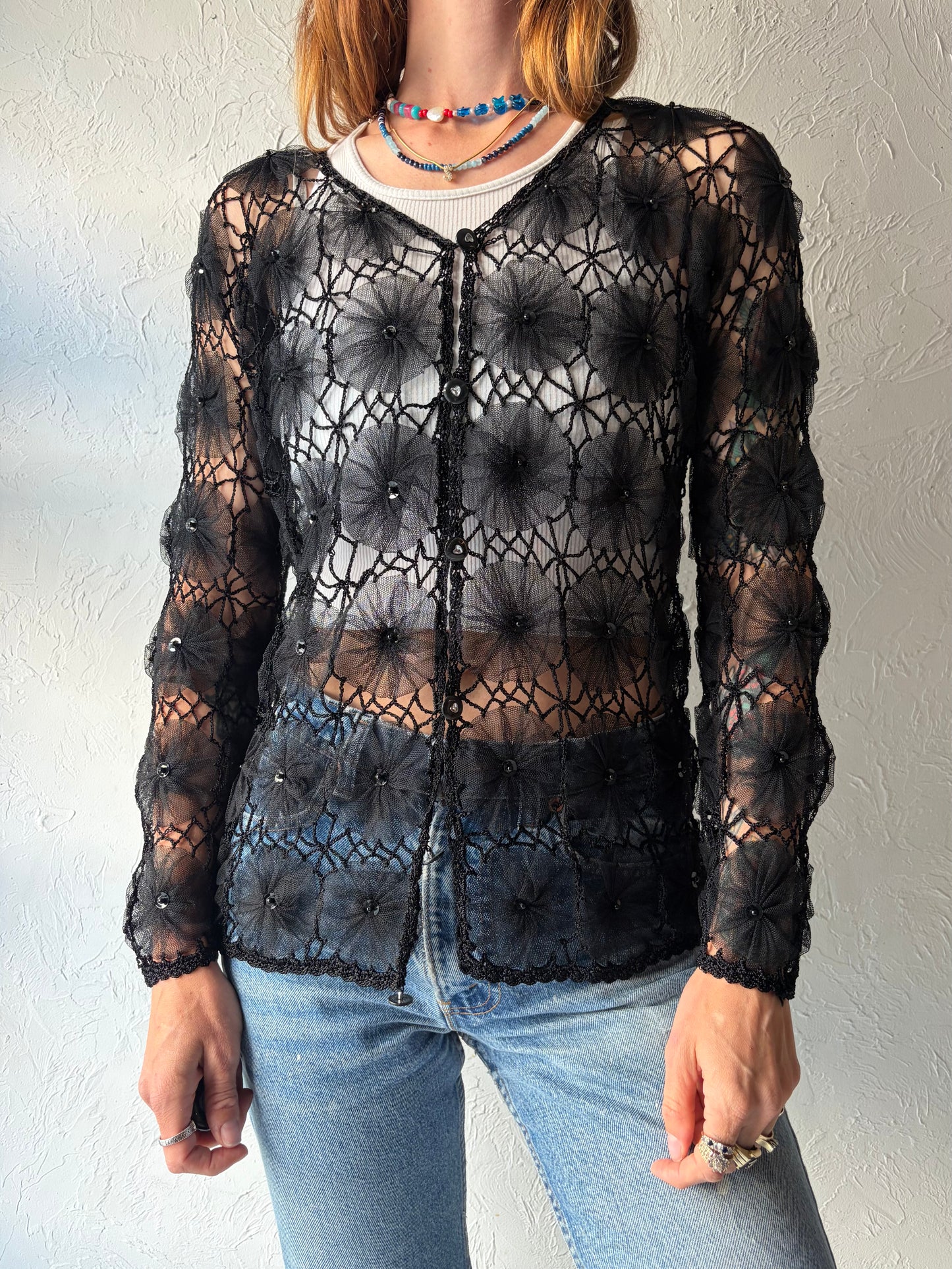 Vintage Black Crochet Mesh Cardigan / Small
