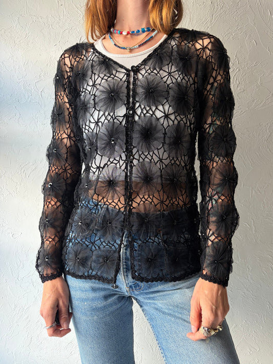 Vintage Black Crochet Mesh Cardigan / Small