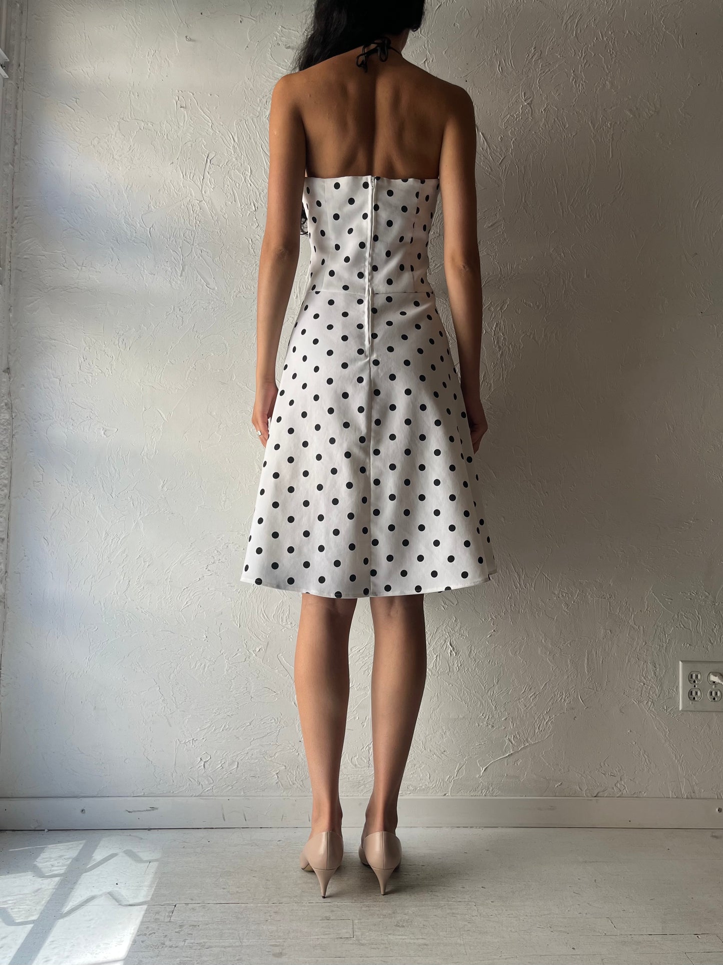 90s 'B Smart' White Polka Dot Pin Up Halter Dress / Medium - Large