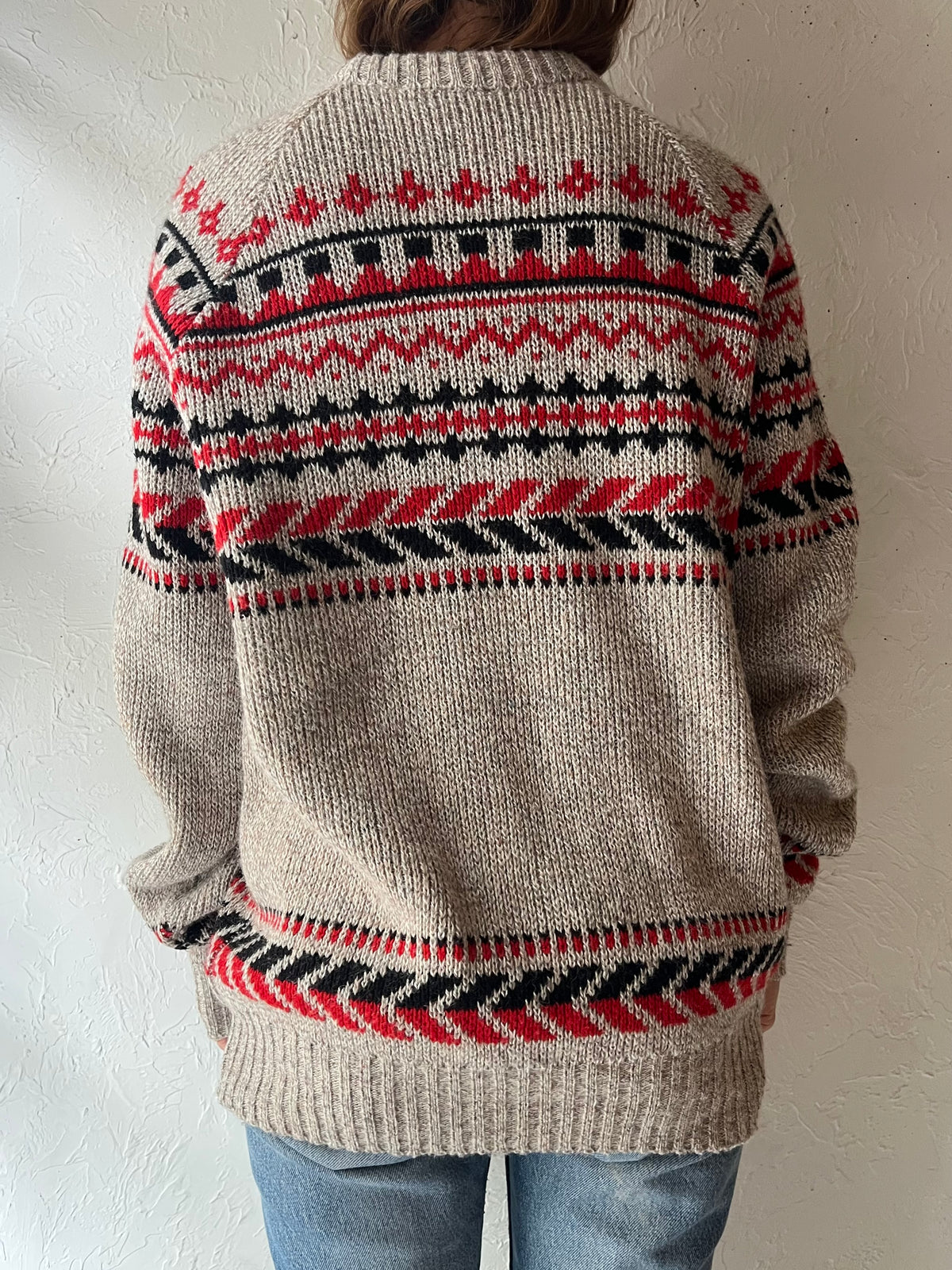 90s 'Rendale Relax' Oversized Nordic Knit Sweater Beige Red Black Geometric Crew Neck Pullover / Large