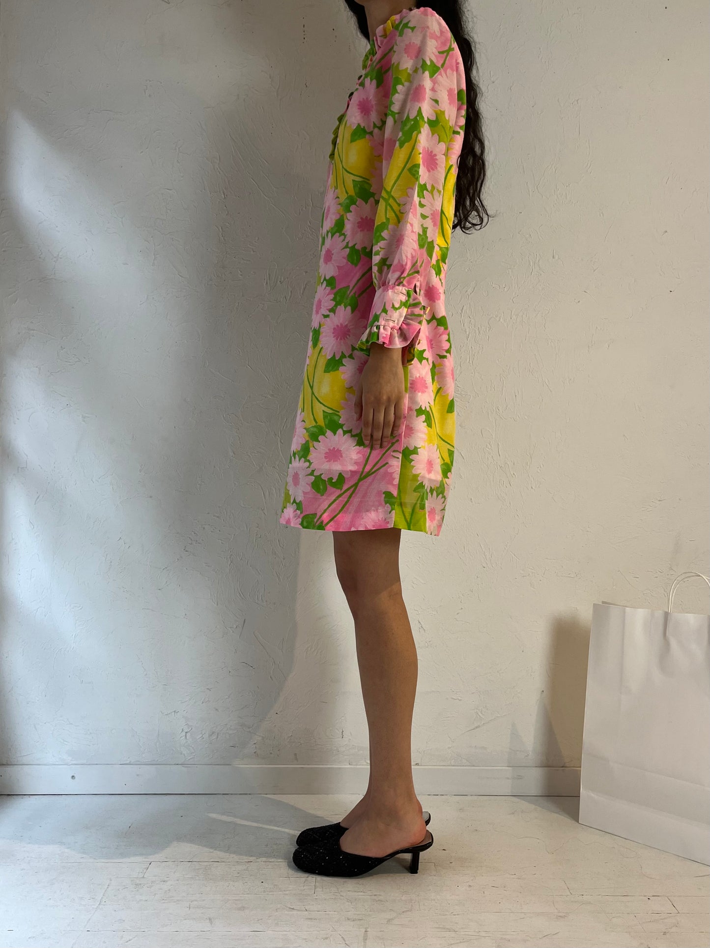 70s 'Cindy Juniors' Pink Floral Print Mini Dress / XS