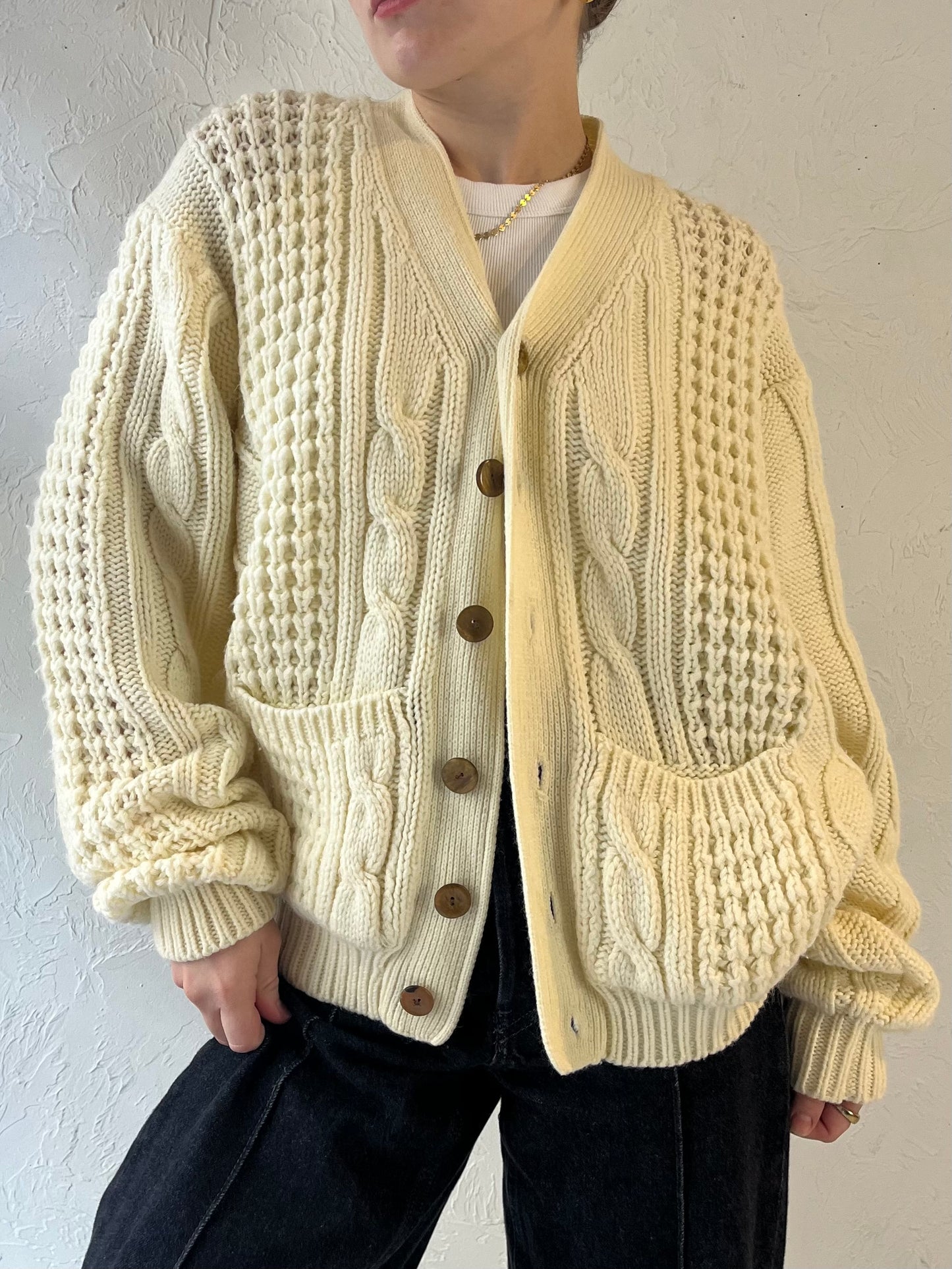 80s 'Sears' Acrylic Cream Cable Knit Cardigan / Medium