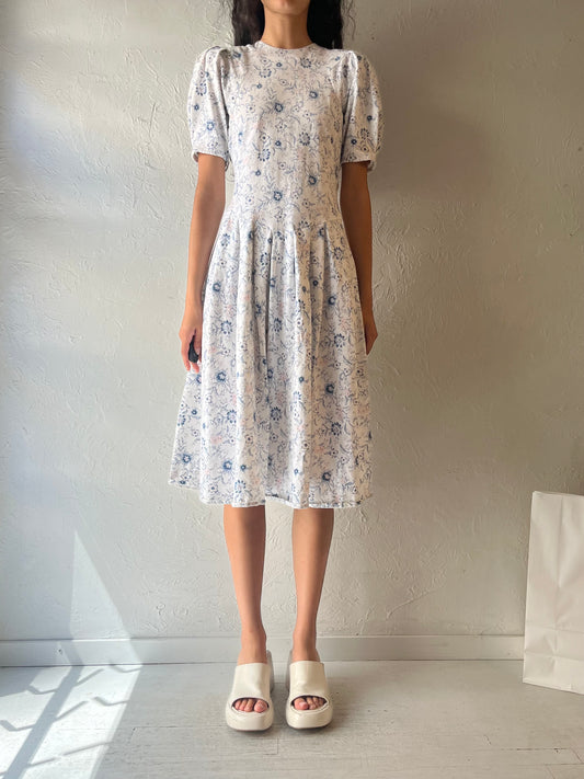 90s ‘Byer Too’ White Floral Puff Sleeve Dress / Medium