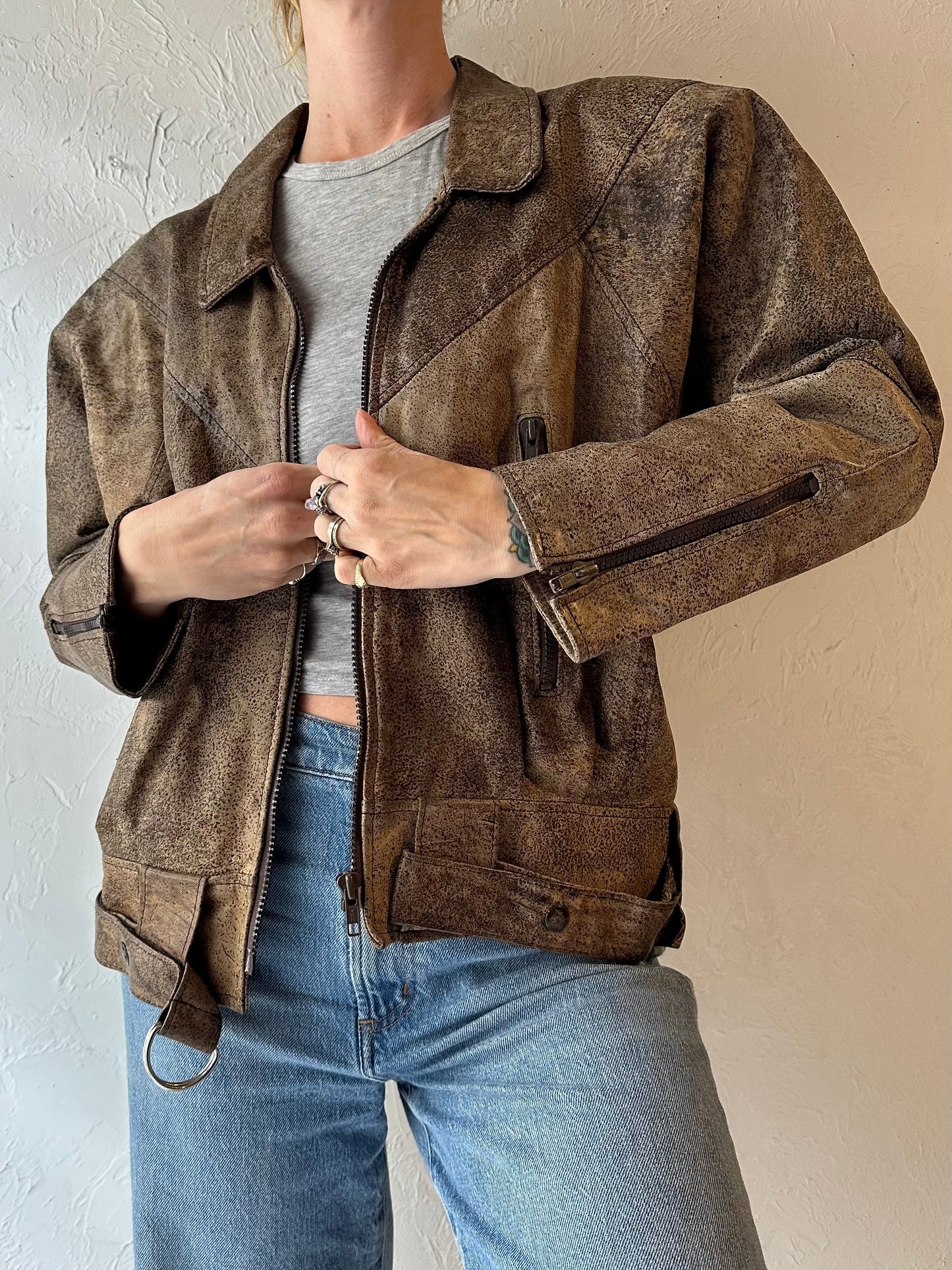 80s ‘Leather Ranch’ Brown Leather Bomber Jacket / Small