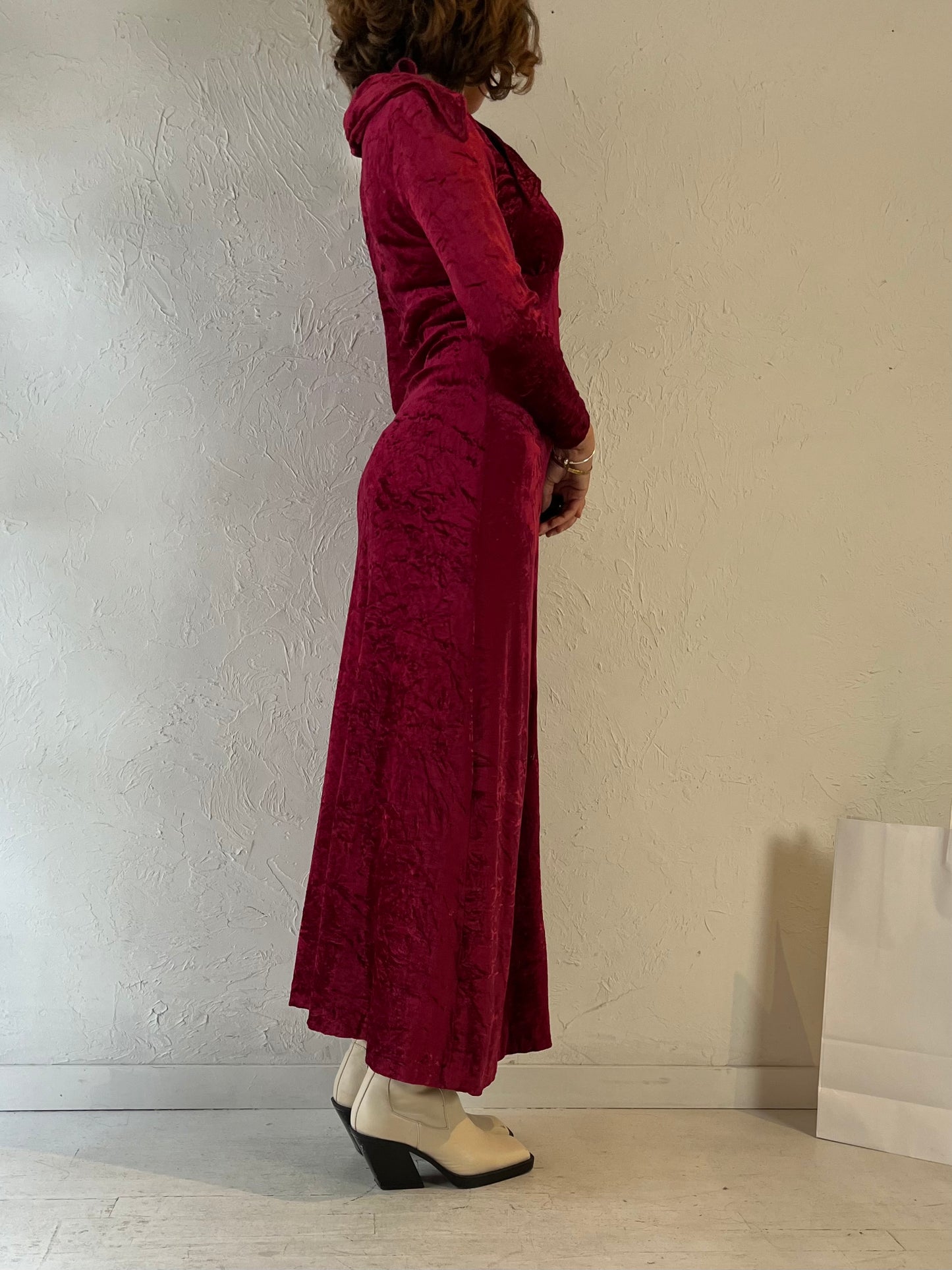 70s 'Katherines' Red Crushed Velvet Duster Dress / Small