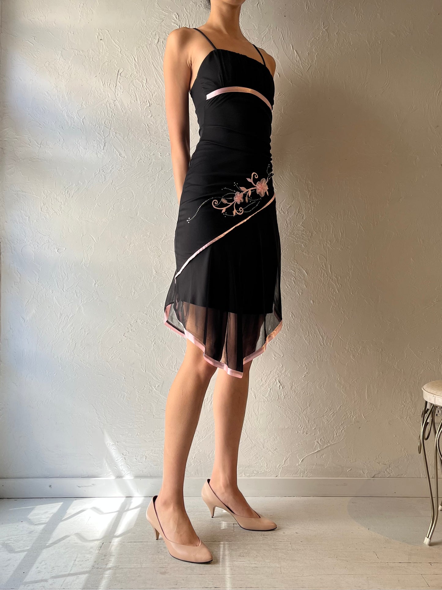 Y2k 'Mariposa' Black Assymetical Mesh Spring Midi Dress / XS