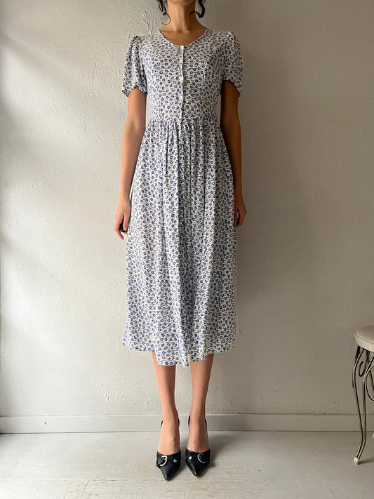 90s 'Pioko' Blue Floral Rayon Dress / Small