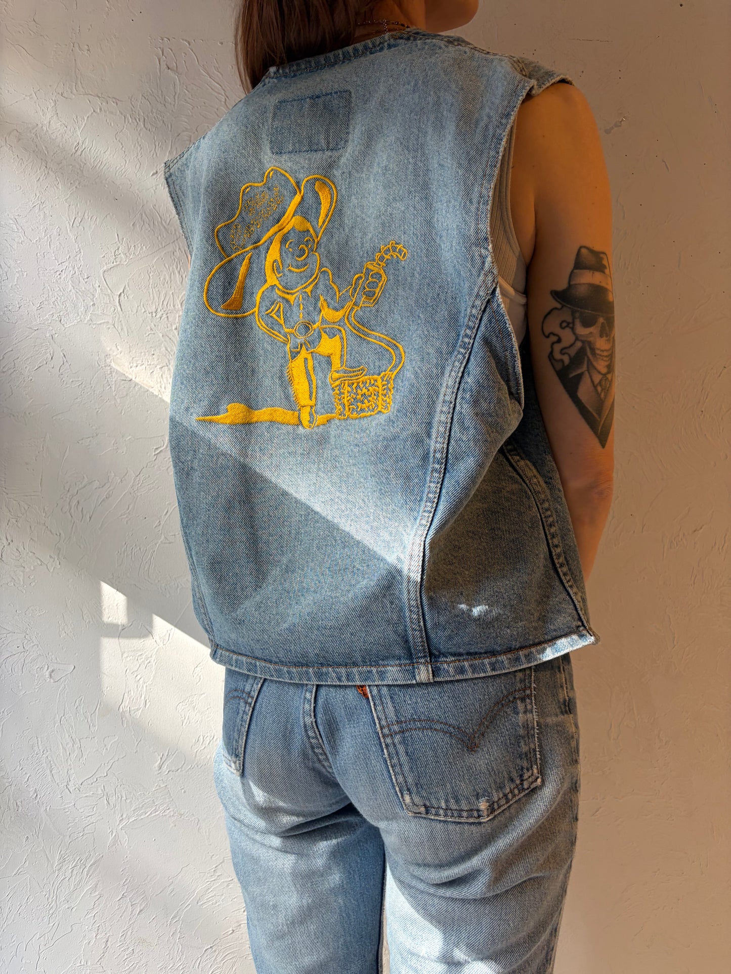 90s 'ID' Light Denim Embroidered Vest / Medium
