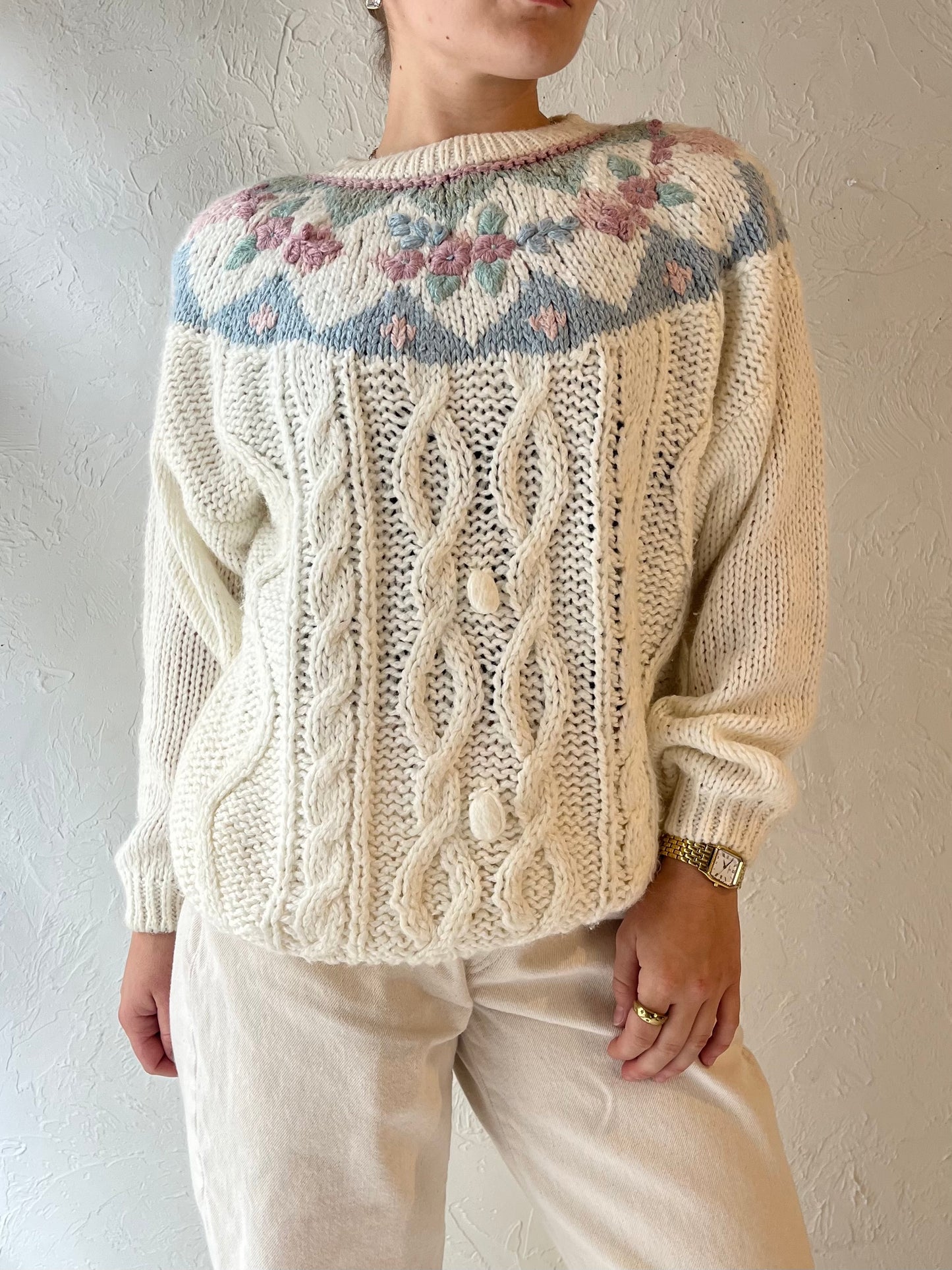 90s 'Needles & Yarn' Floral Knit Sweater / Medium