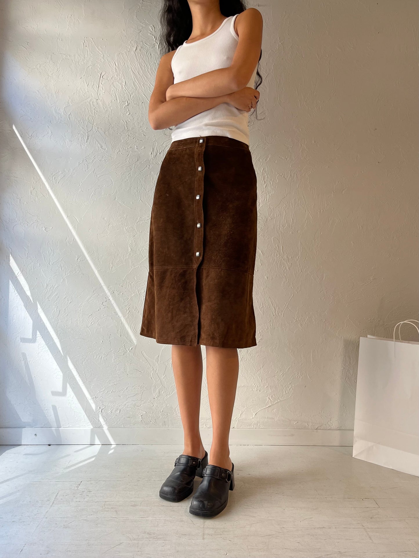 70s 'Elle' Brown Suede Midi Skirt / Small