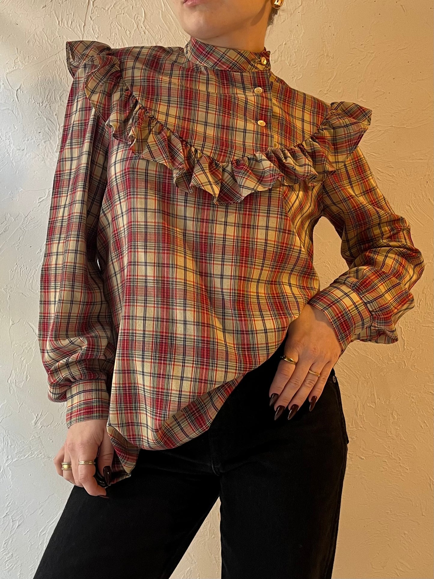 70s ‘Andra Inc’ Plaid Western Ruffle Blouse / Medim