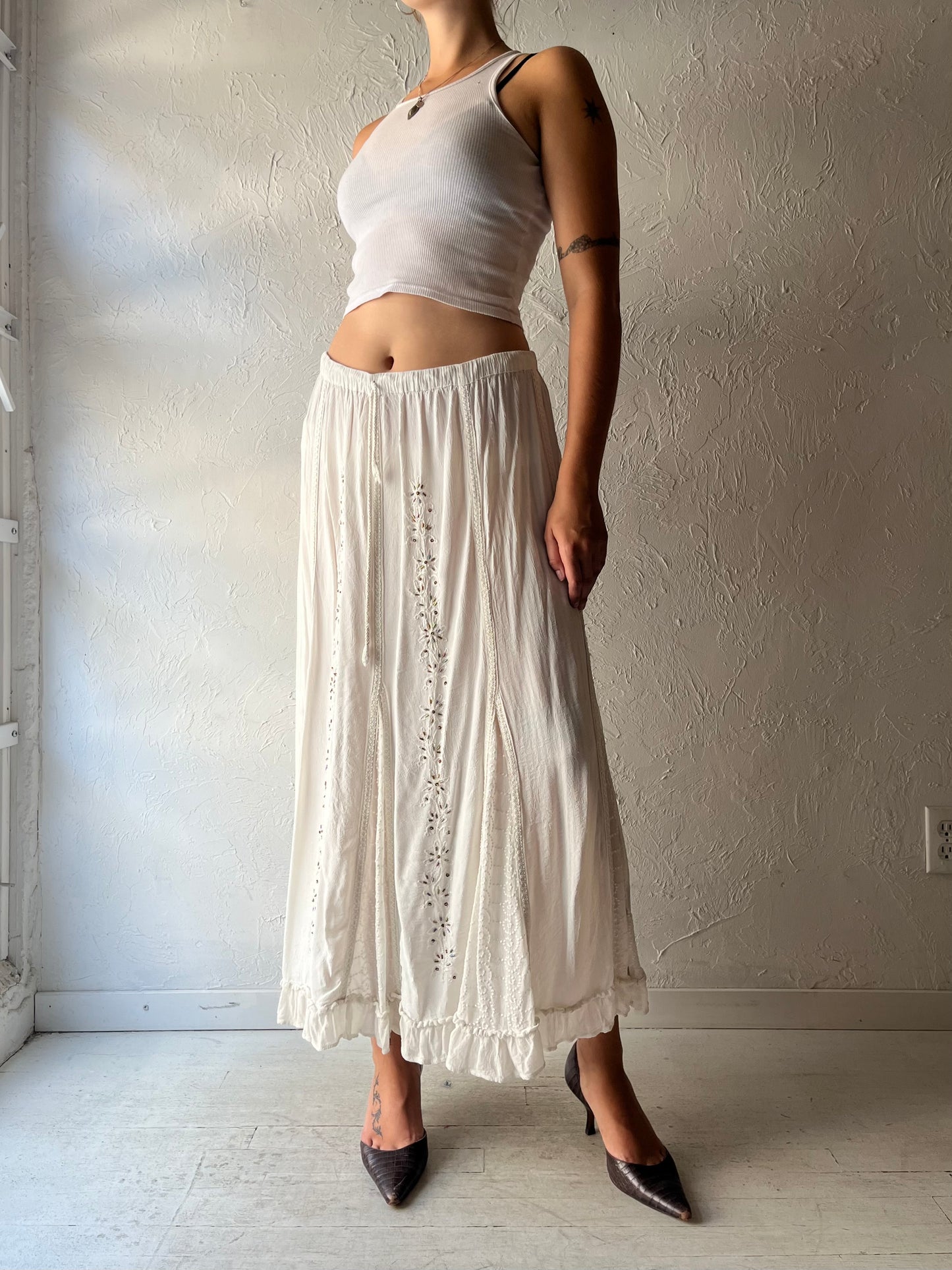 Y2k 'Papa' White Beaded Whimsical Fairycore Maxi Skirt / Medium