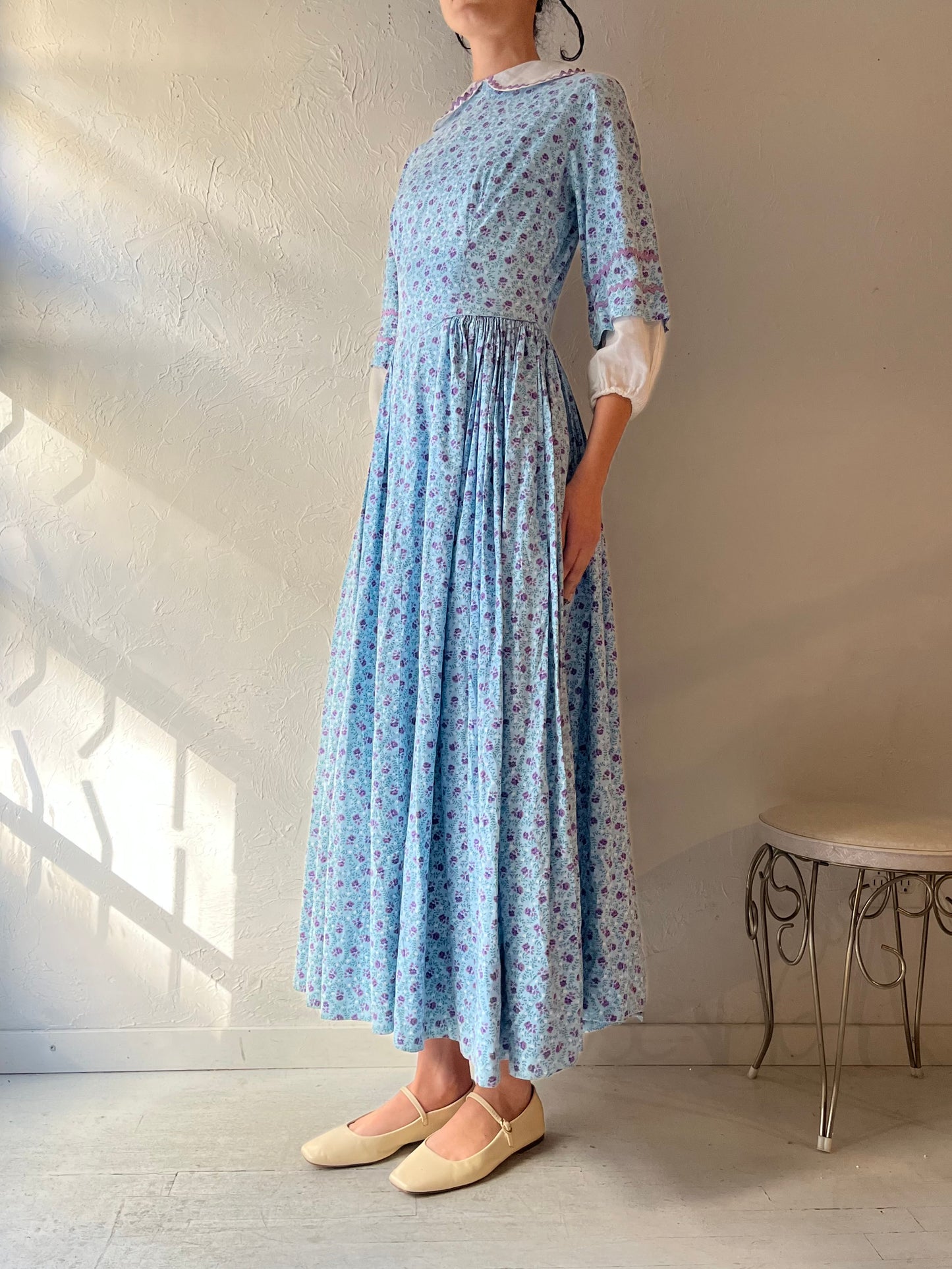 Vintage Handmade Blue Baby Blue Floral Peasant Maxi Dress / Small