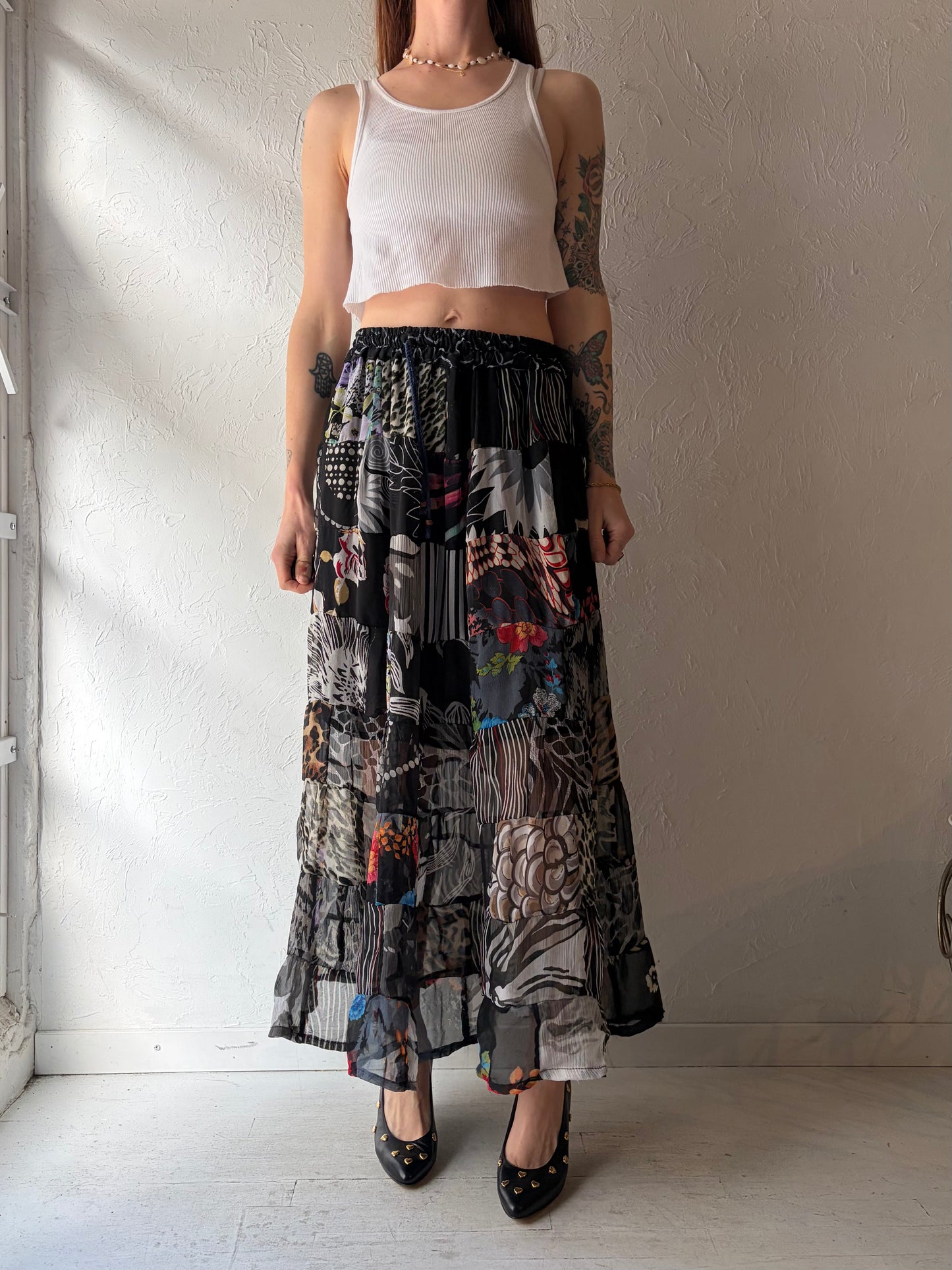Vintage Patchwork Hippie Boho Rayon Spring Summer Maxi Skirt / Small
