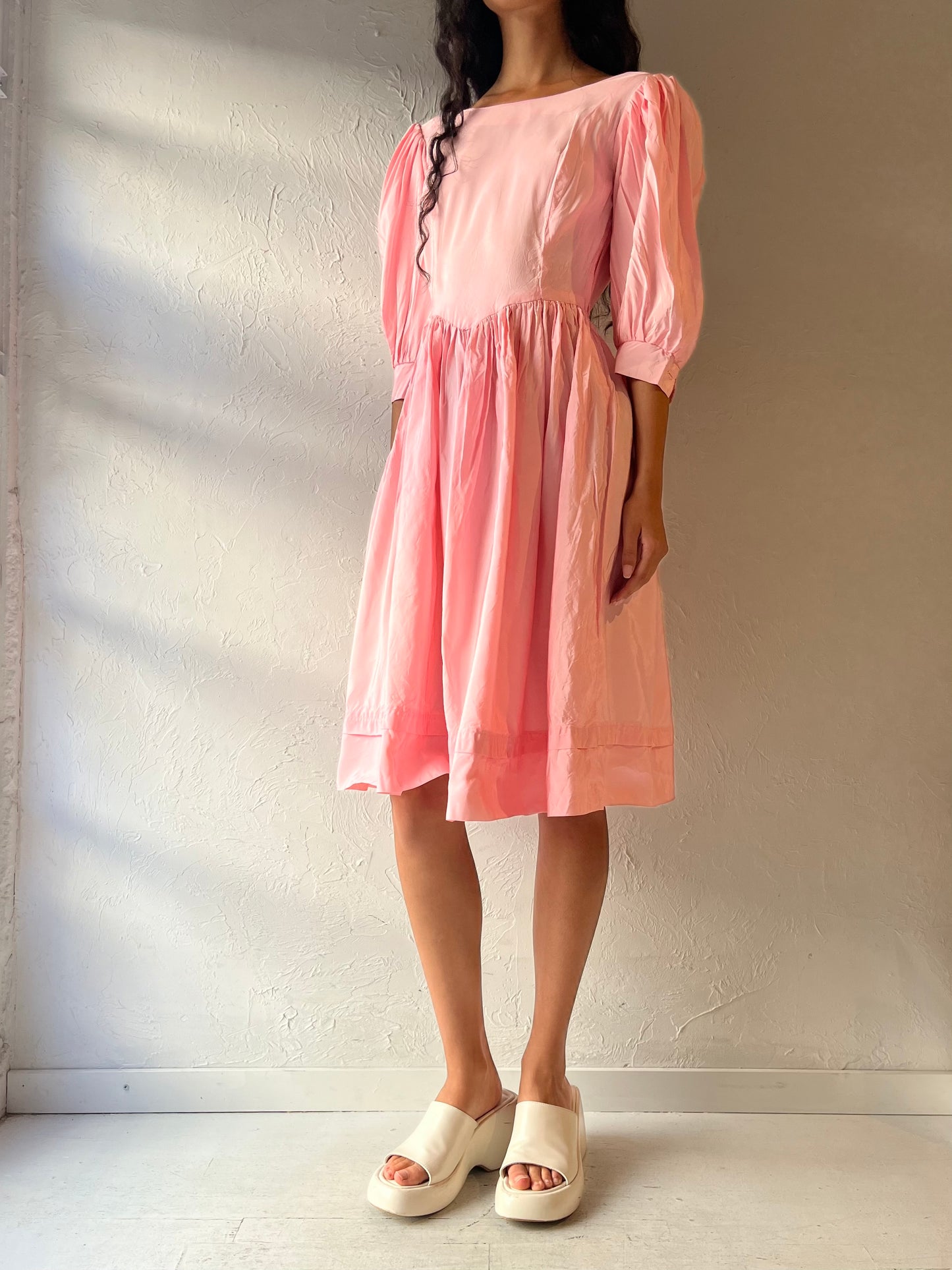 Vintage Handmade Pink Puff Sleeve Midi Dress / Small