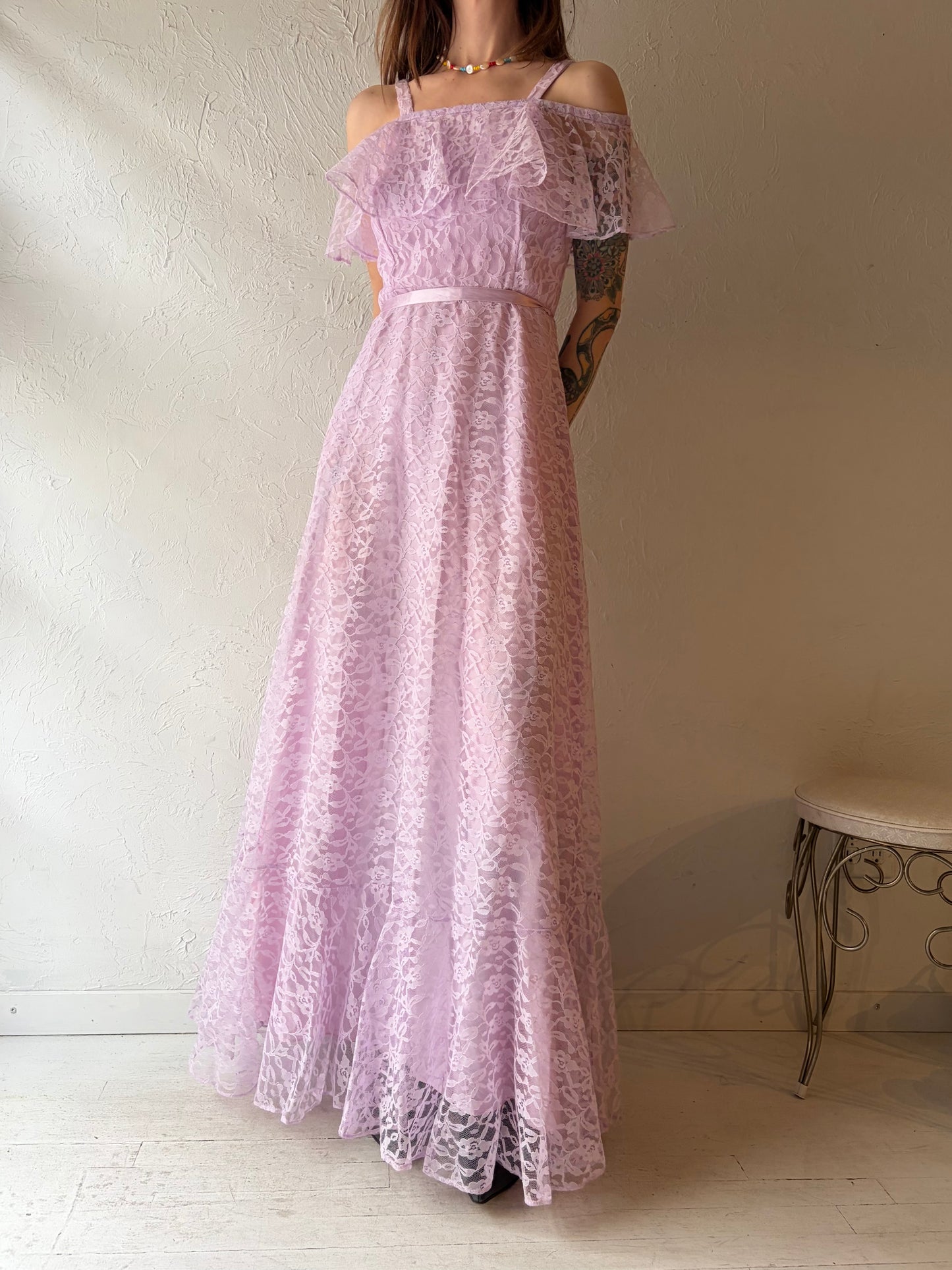 70s 'Impressions' Purple Lace Formal Dress / Union Made / Small