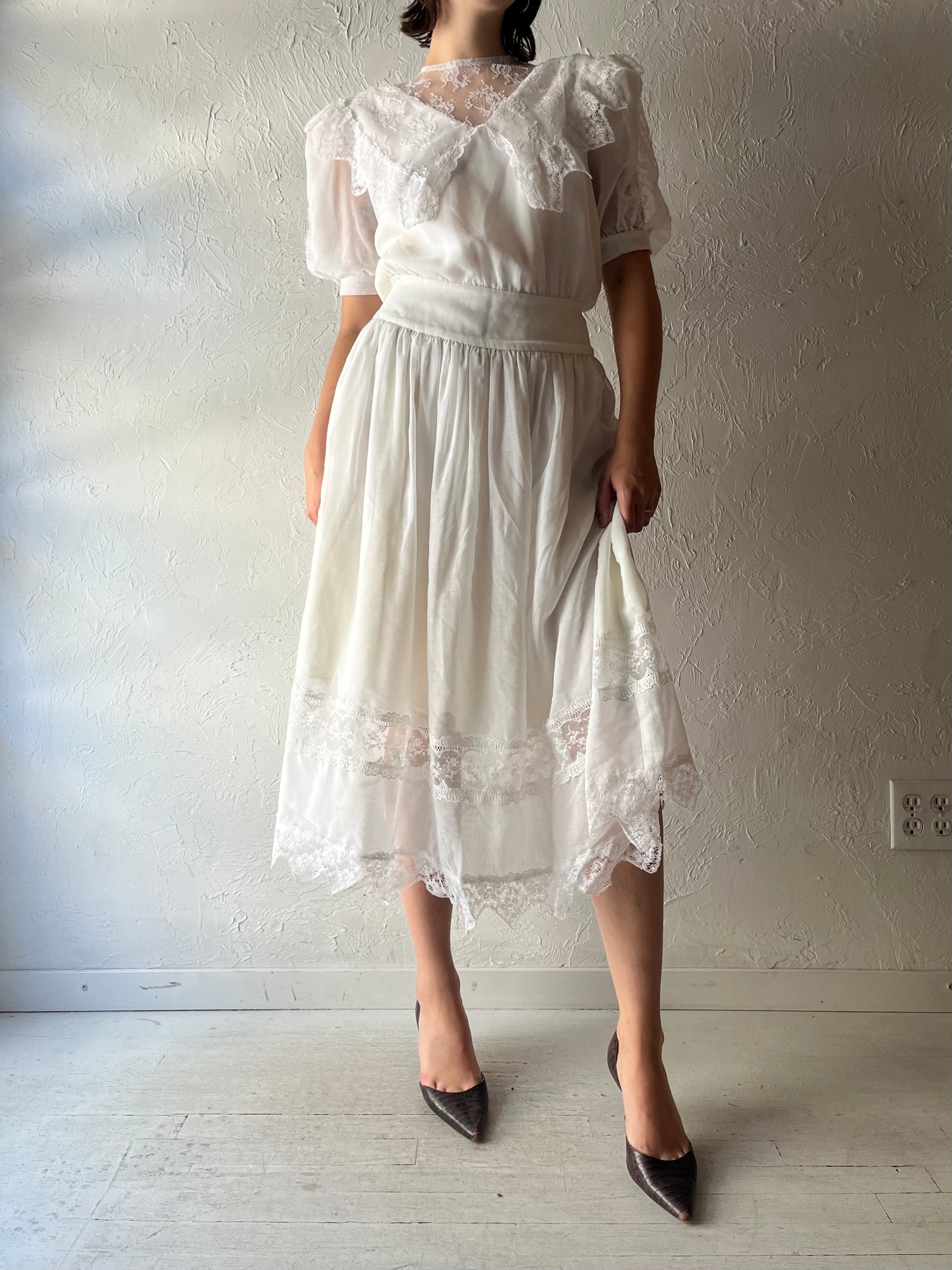 80s 'Jessica McClintock' White Romanic Prairie Cottage Core Summer Garden Party Dress / Small