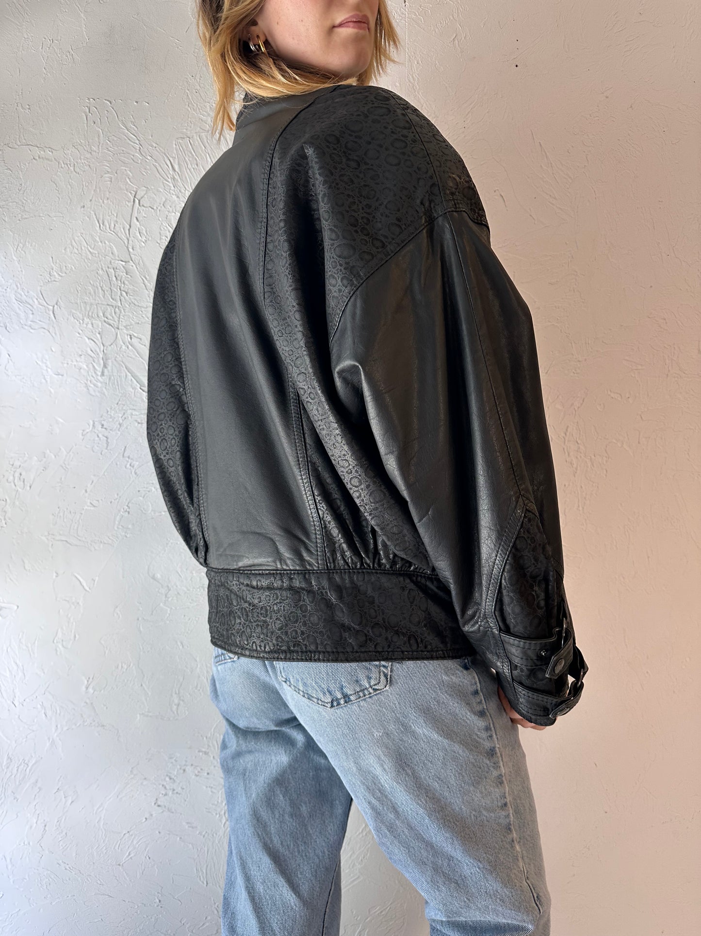 90s 'Naj Orleari' Black Leather Bomber Jacket / Small
