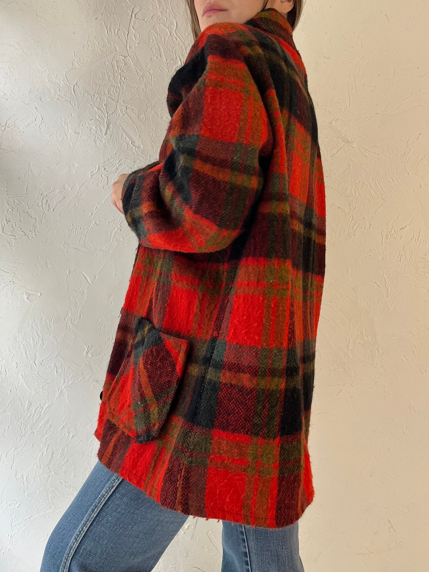 Vintage Red Plaid Knit Jacket / Medium