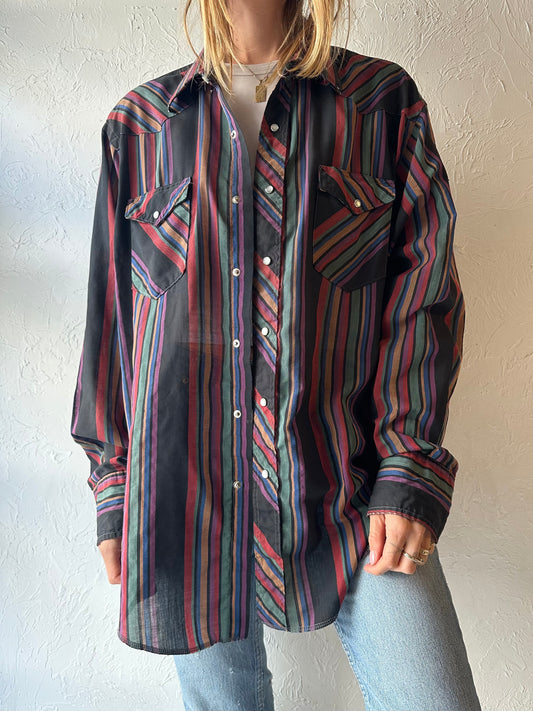 90s ‘Wrangler’ Striped Western Pearl Snap Shirt / XL