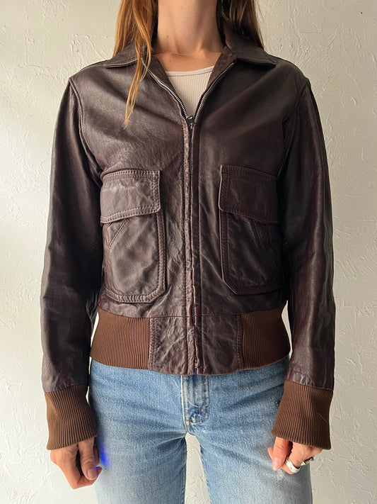 80s Burgundy Leather Minimalist Moto Biker Grunge Bomber Jacket / Small