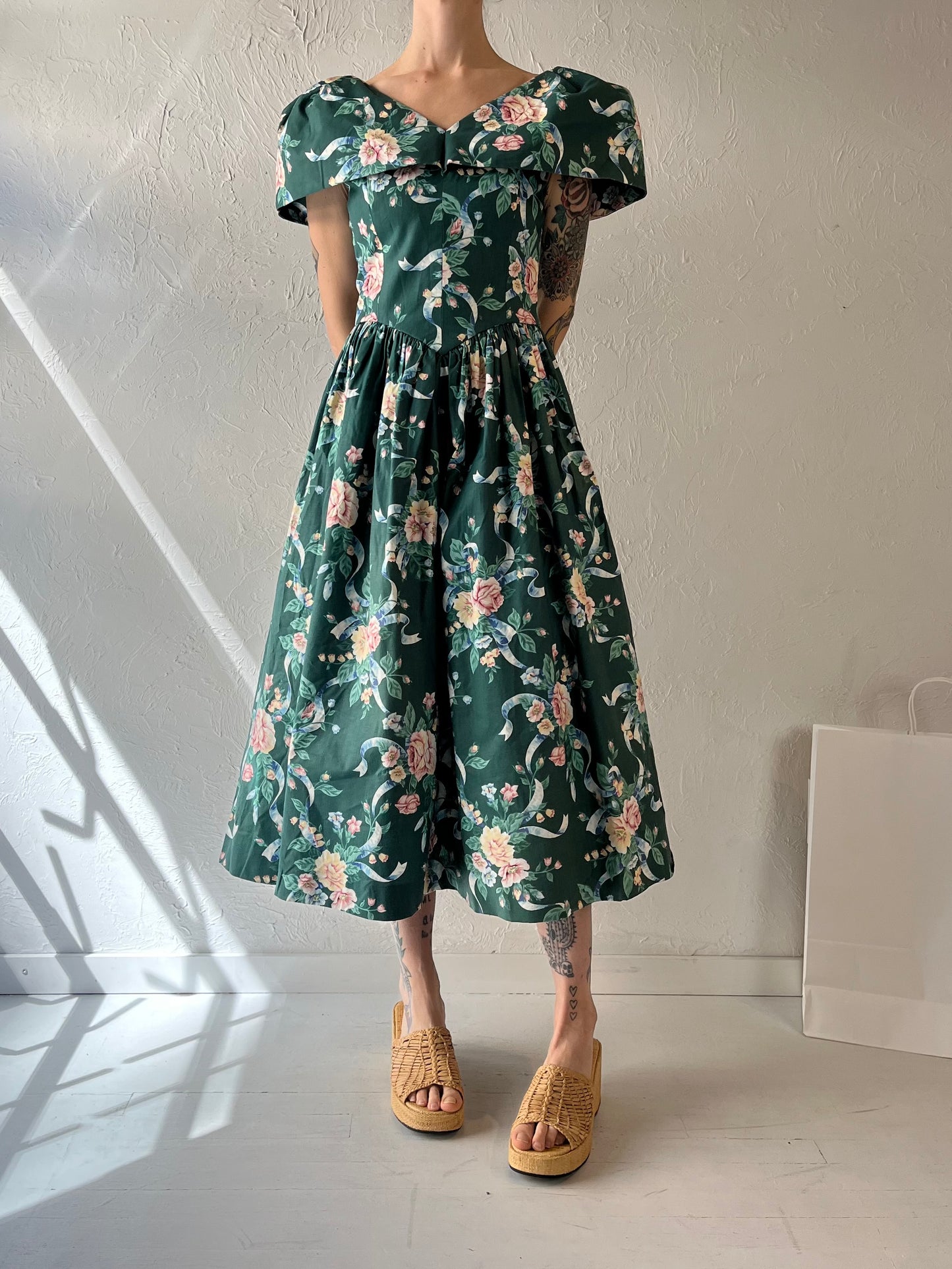 80s Handmade Green Floral Print Off The Shoulder Dress / Small