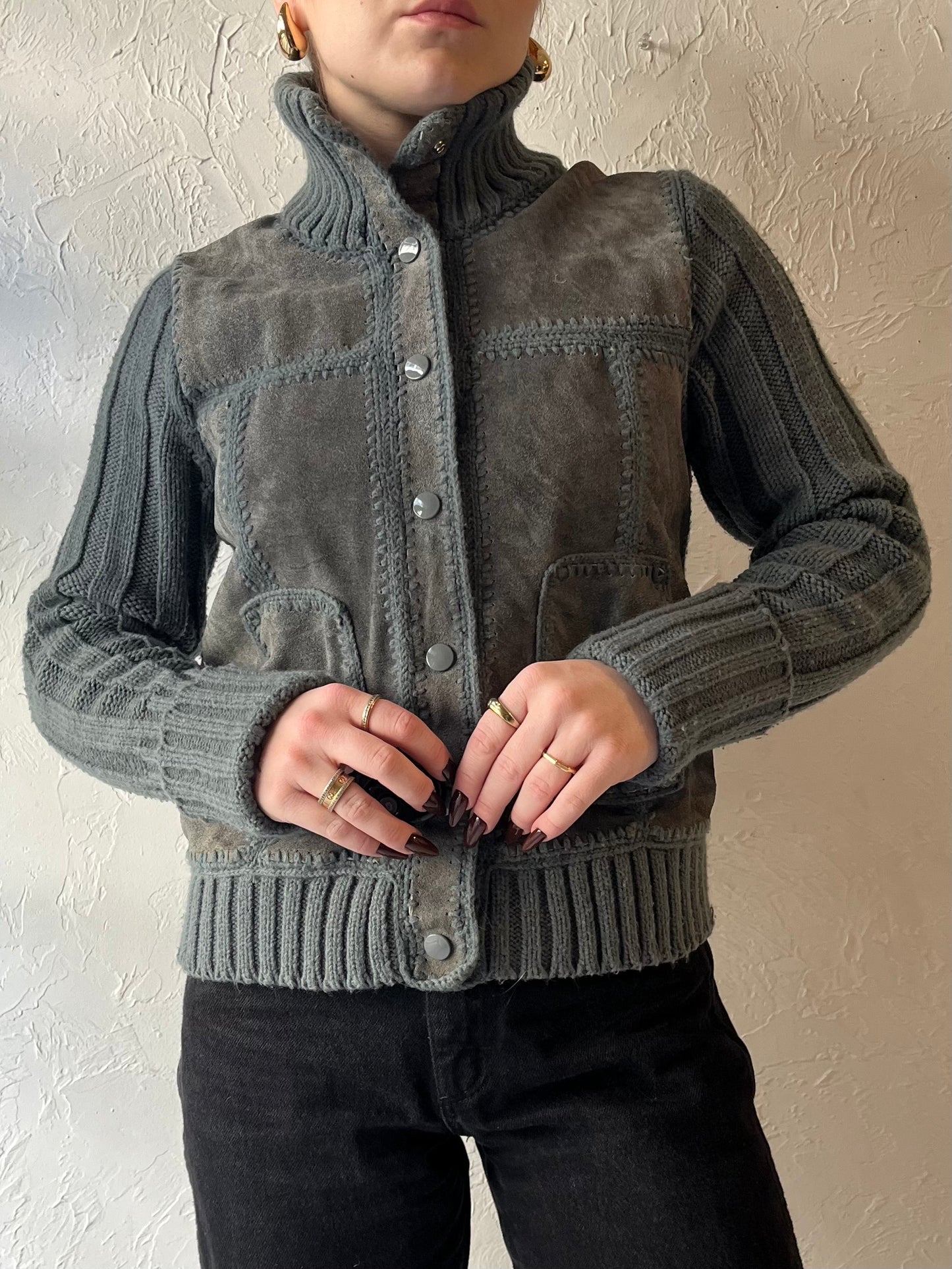 90s ‘Carol Cohen’ Blue Leather Knit Jacket / Small