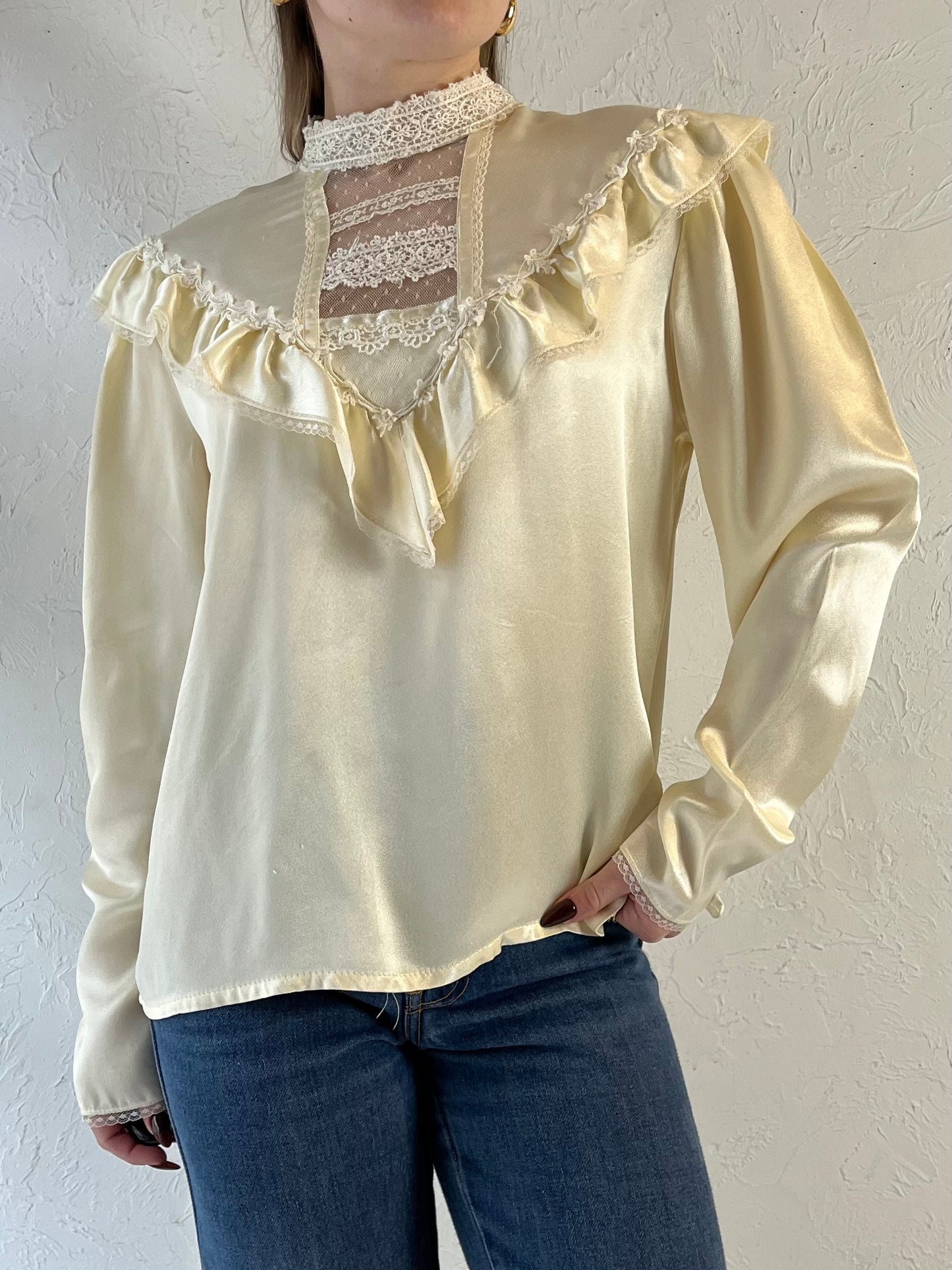 70s ‘Jessica Gunnies’ Cream Silky Peasant Blouse / Small - Medium