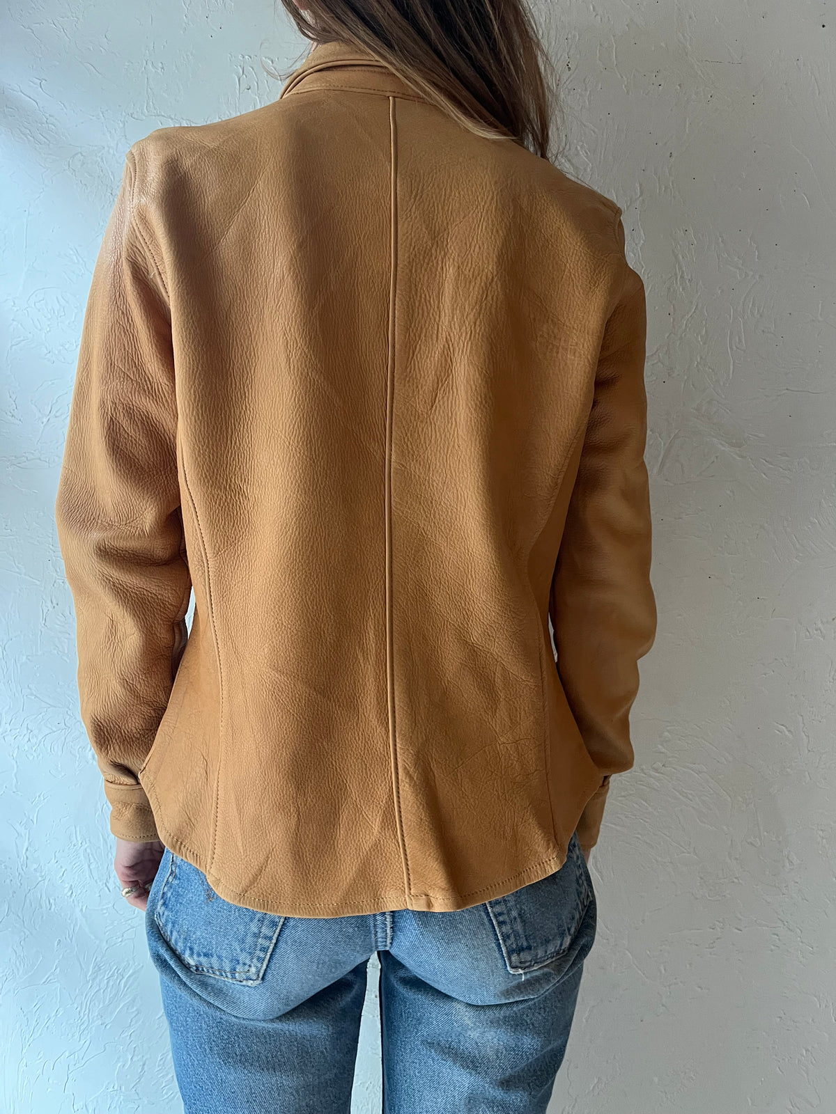 90s 'OT' Tan Leather Western Shirt Jacket Silver Snap Front  Minimalist Biker Ranch Wear / Small