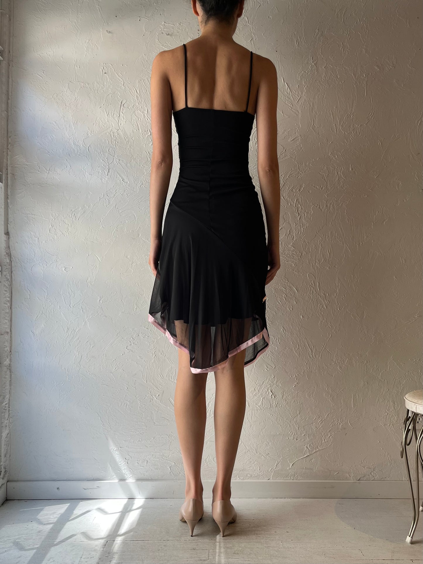 Y2k 'Mariposa' Black Assymetical Mesh Spring Midi Dress / XS