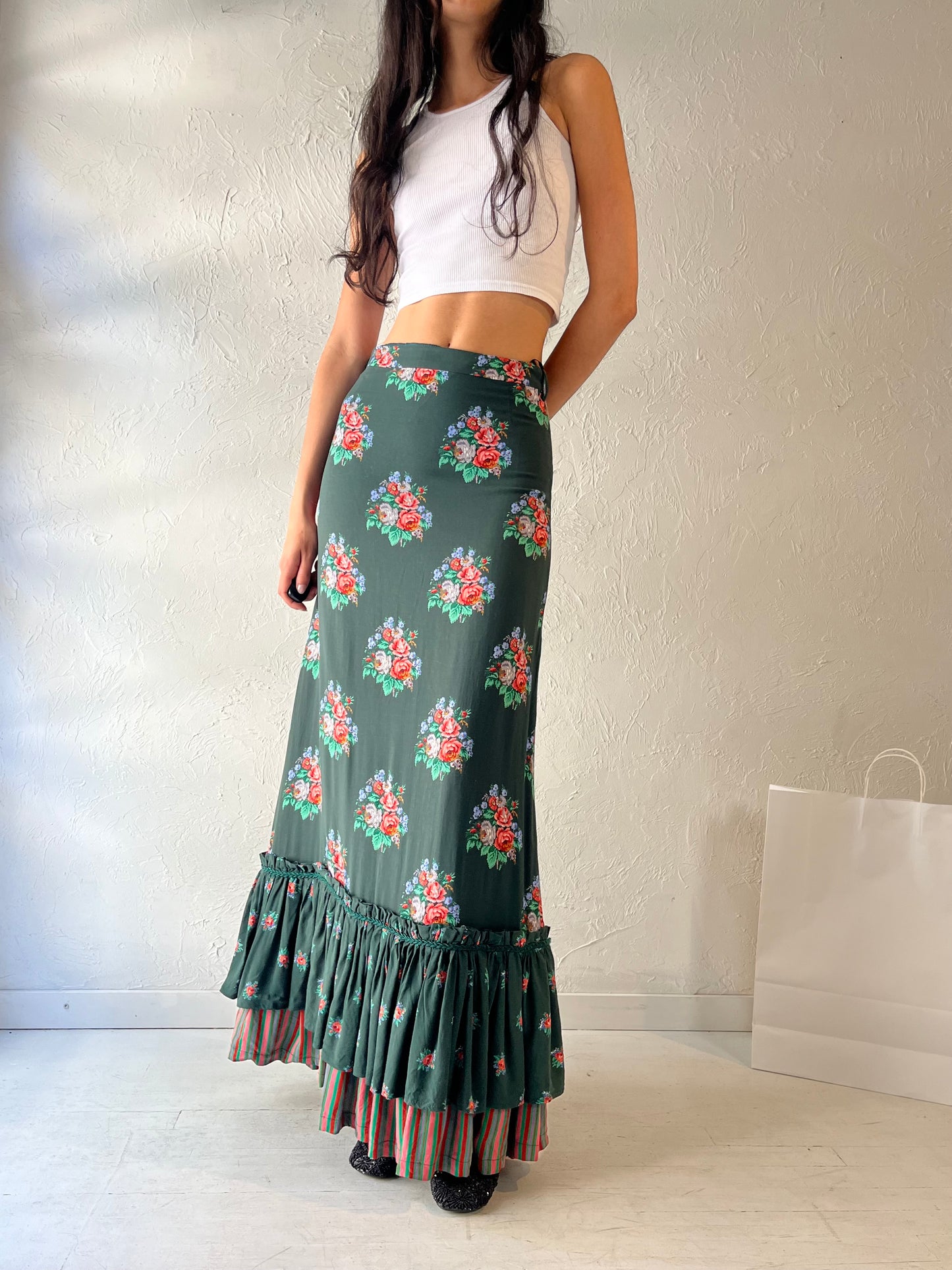 90s 'Ralph' Green Floral Maxi Skirt / Small