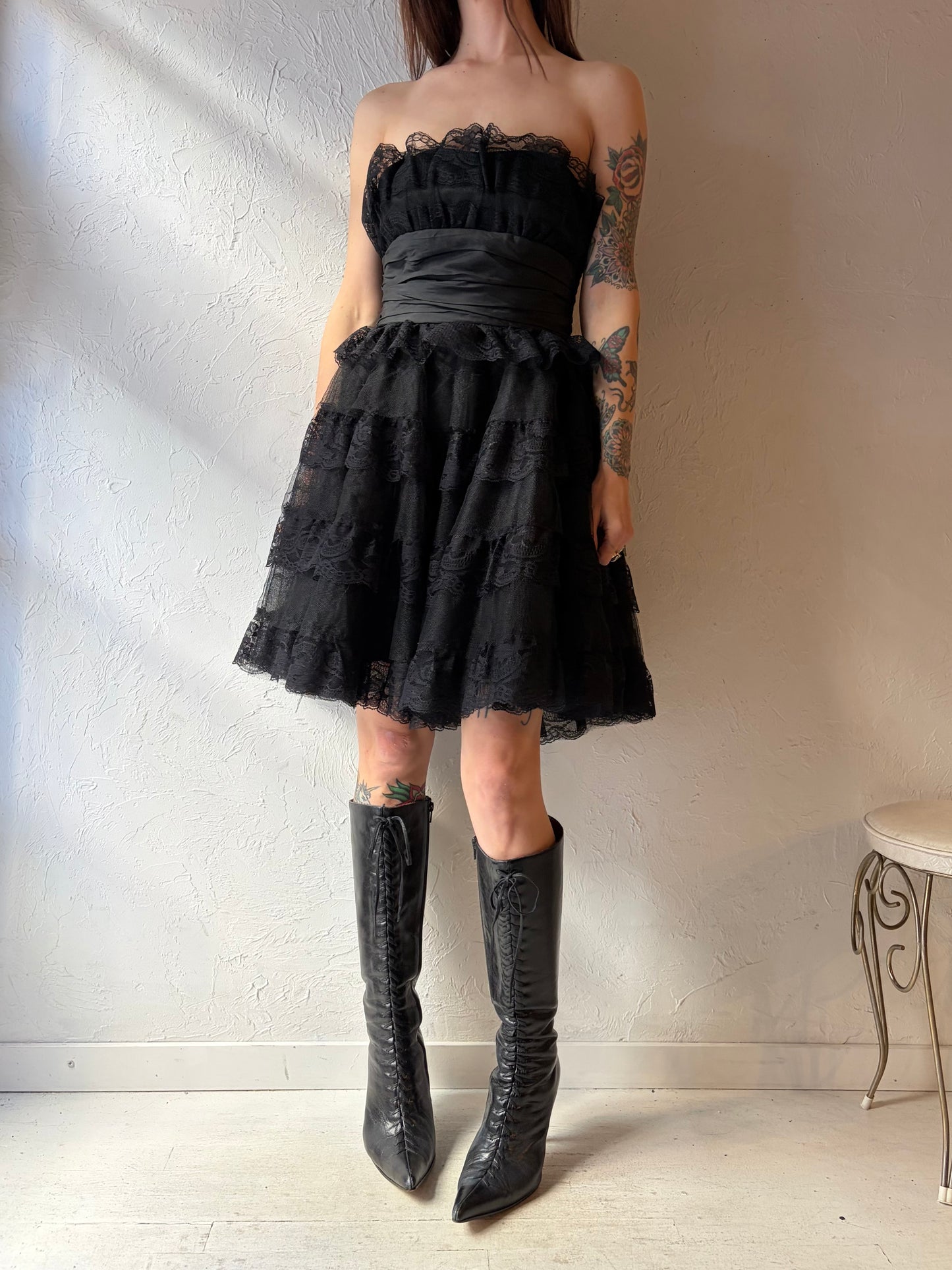 Y2k 'Betsey Johnson' Strapless Black Lace Dress / Medium