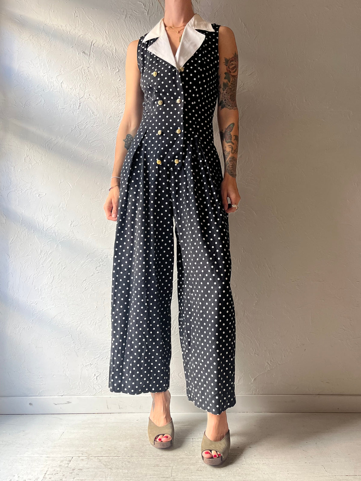 80s 'Chablis' Collared Polka Dot Retro Jumpsuit / Small