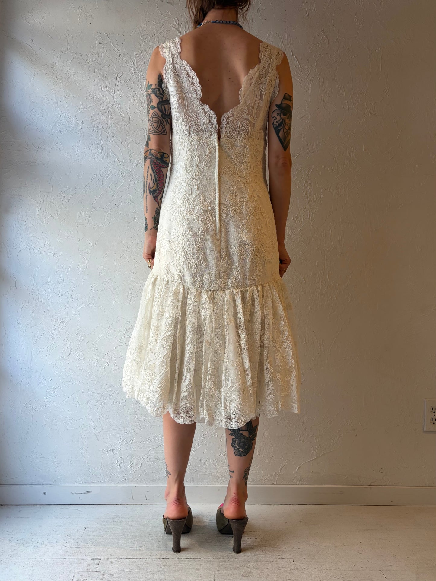 90s 'Waters Brides' White Romanic Lace Formal Bridal Midi Dress / Medium