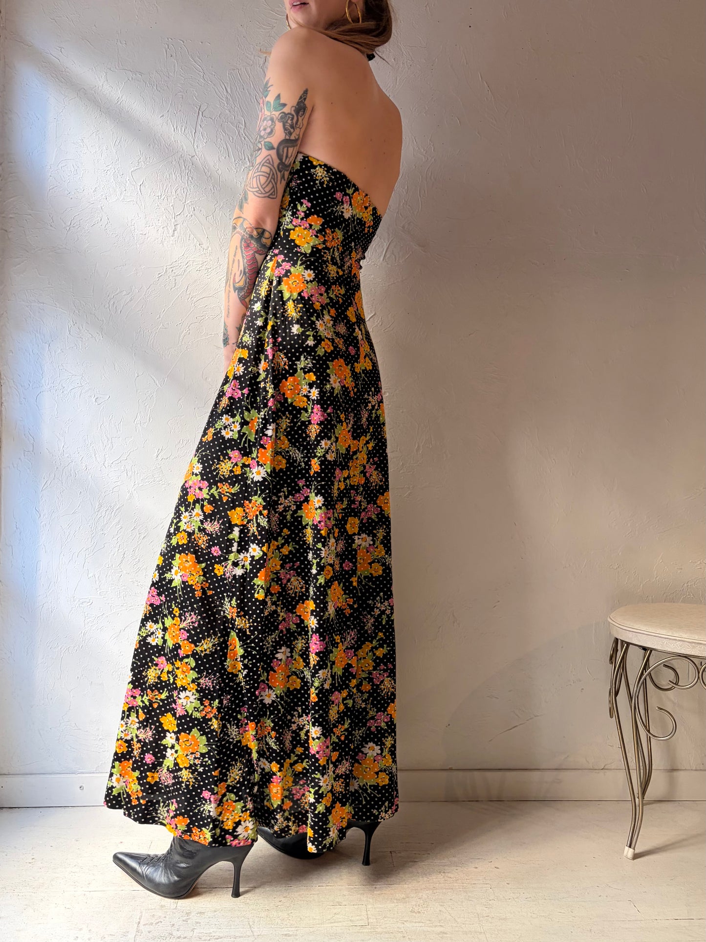 60s 70s Union Made Black Floral Hippie Halter Maxi Dress