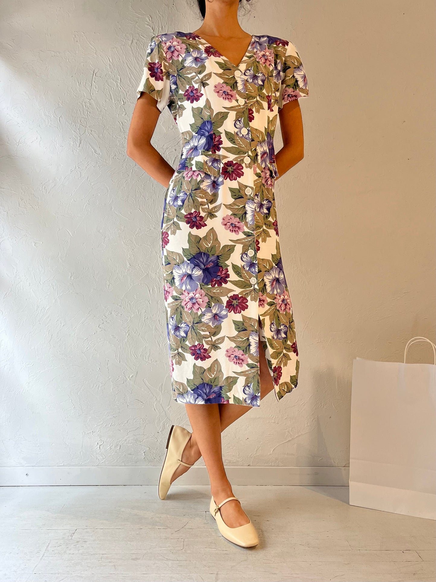 80s 'Dawn Joy' Floral Print Midi Dress / Medium - Large