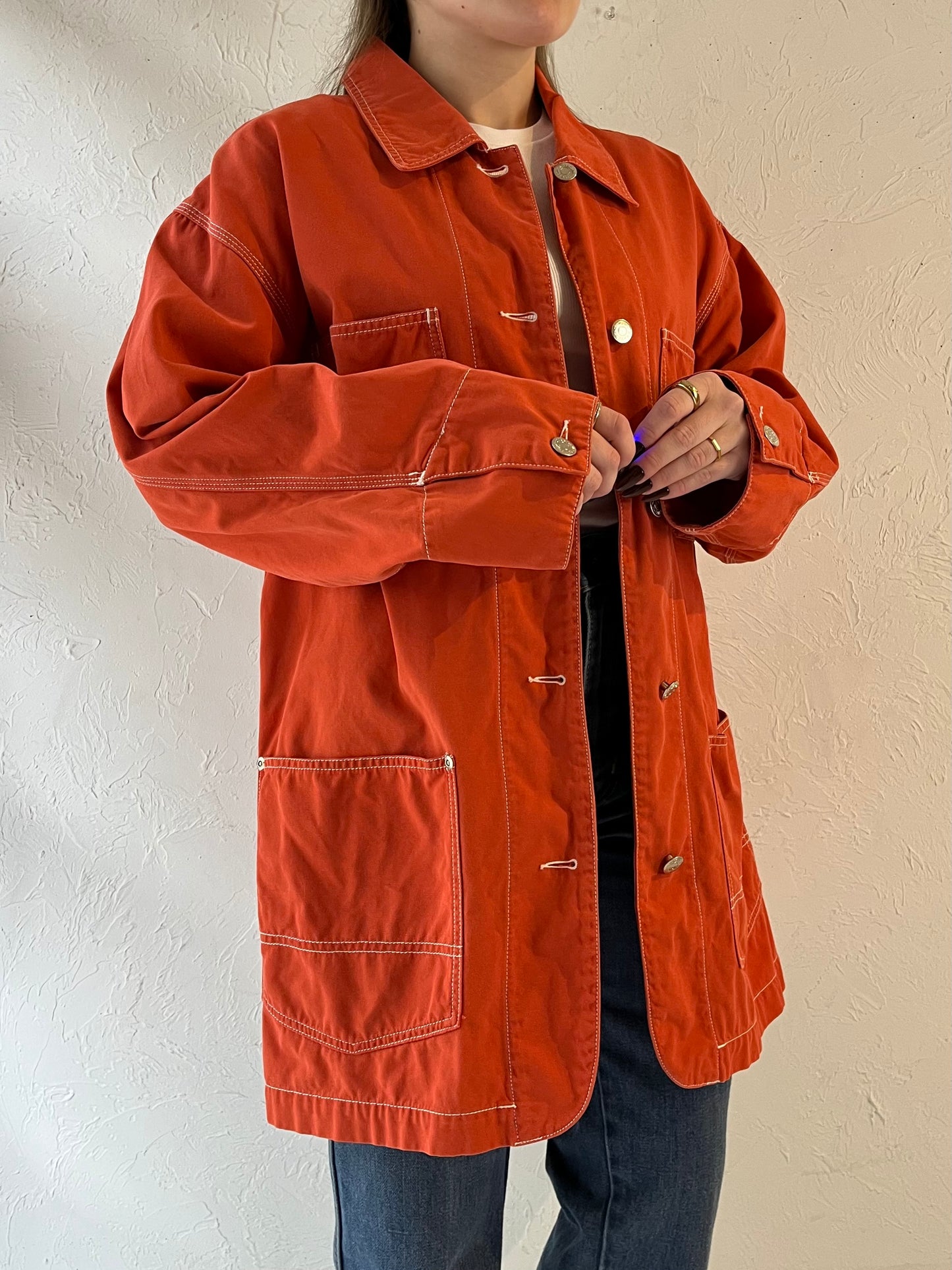 90s ‘Eddie Bauer’ Orange Cotton Chore Jacket / Small