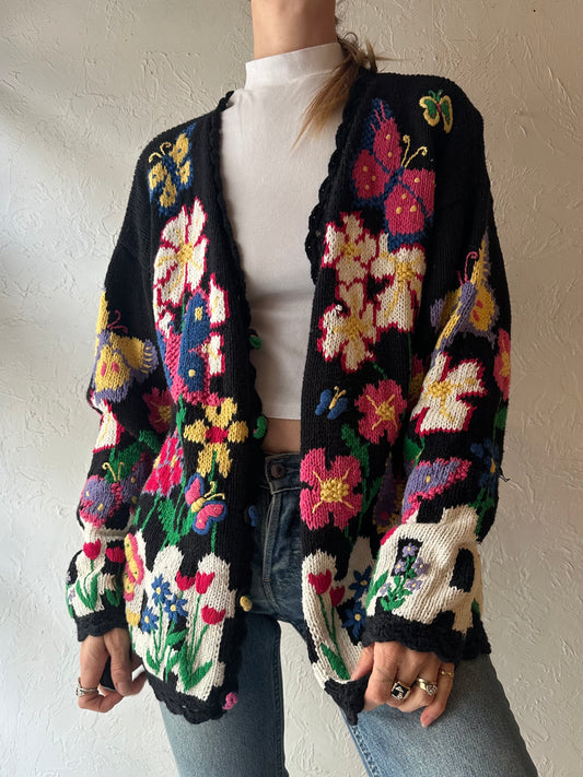 90s 'BBJ Sport' Floral Knit Cardigan Sweater / Medium