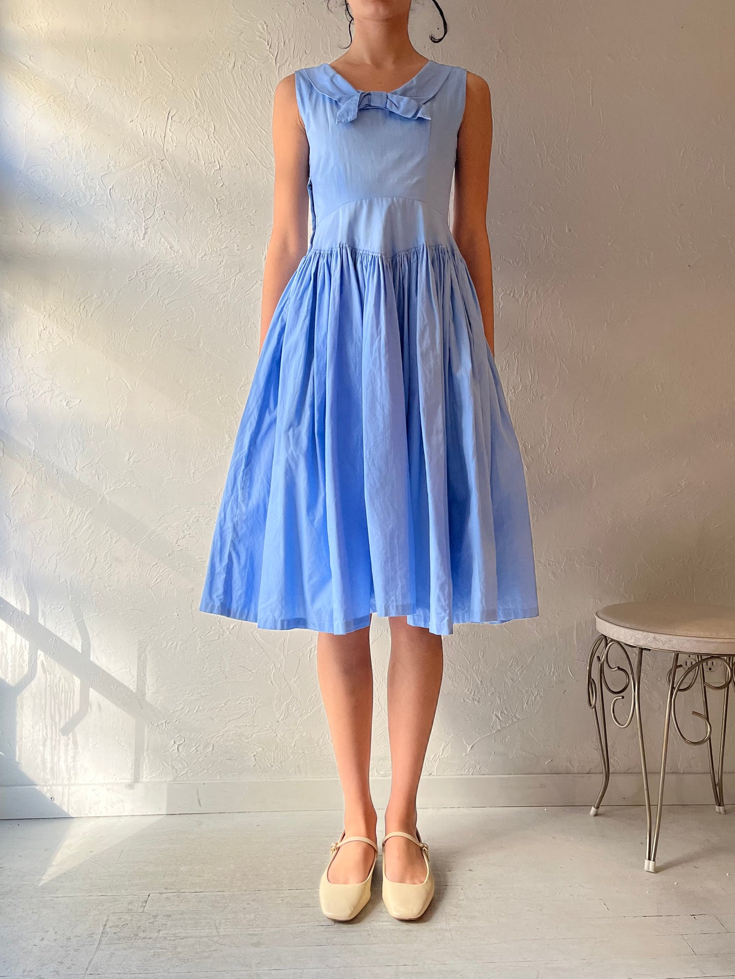 Vintage Retro Handmade Blue Cotton Tea Dress / Small