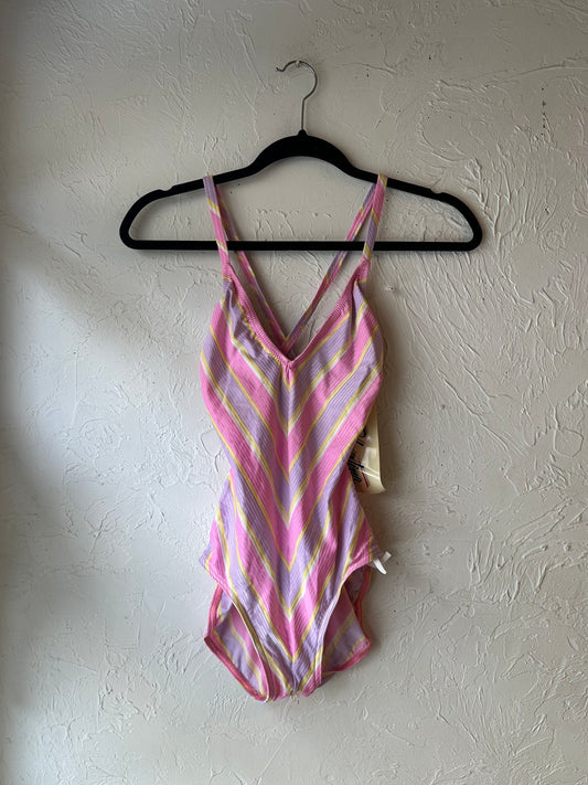 90s Deadstock Christina Pink Striped One Piece Swim Suit / Small