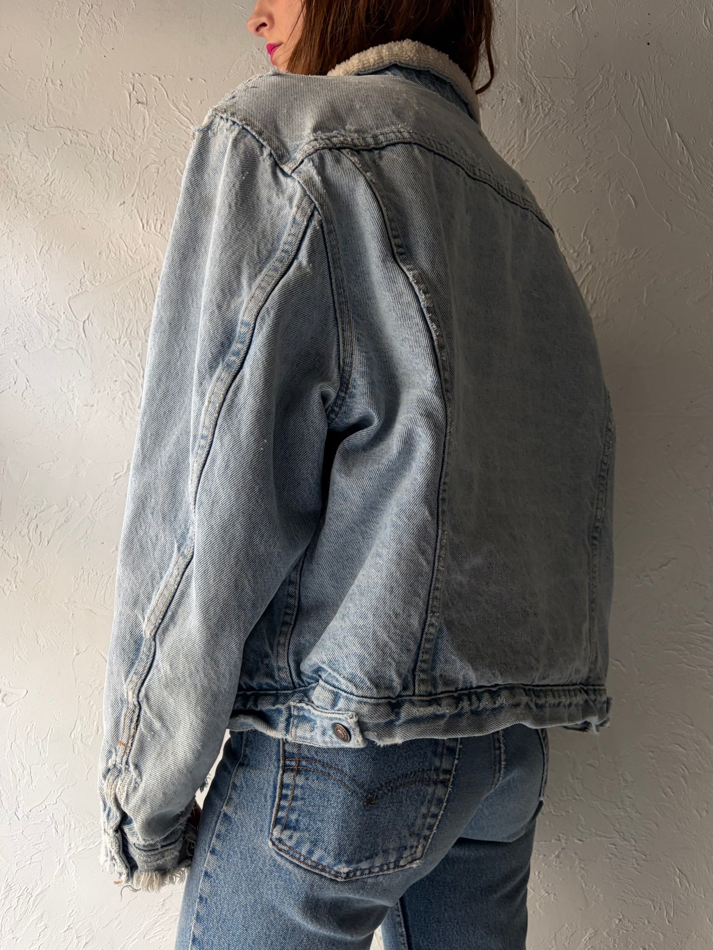 70s 'Levis' Faux Shearling Lined Light Wash Denim Jacket / Large