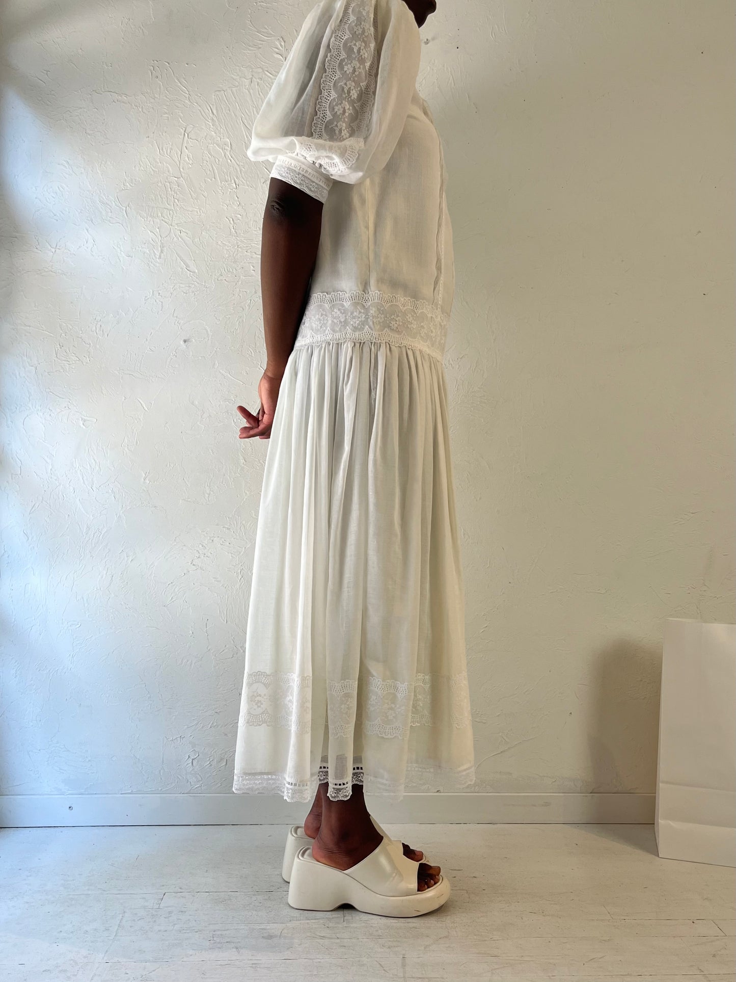 80s 'Jessica McClintock' White Drop Waist Midi Dress / Medium