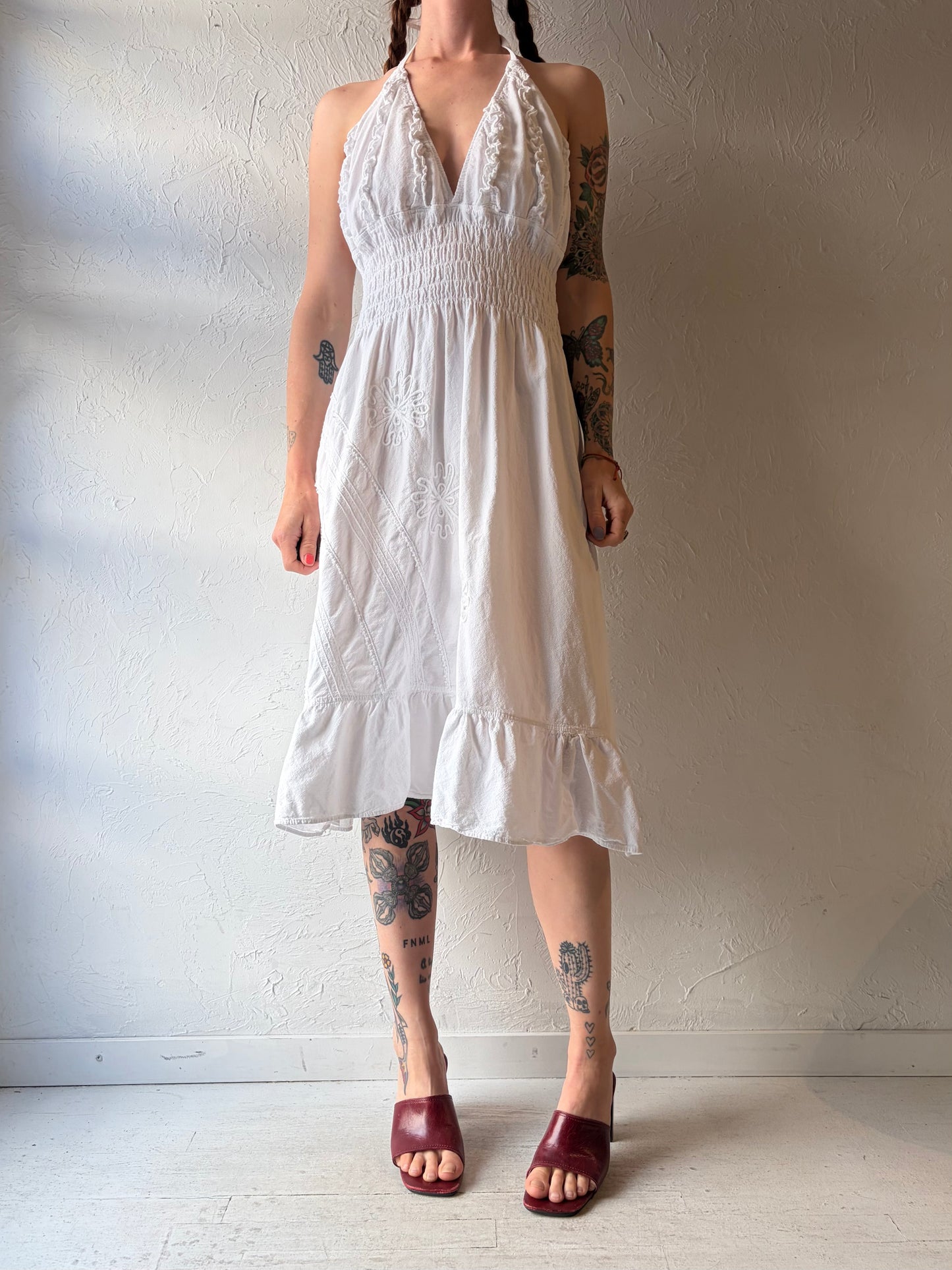 Vintage White Cotton Halter Beach Dress / Large