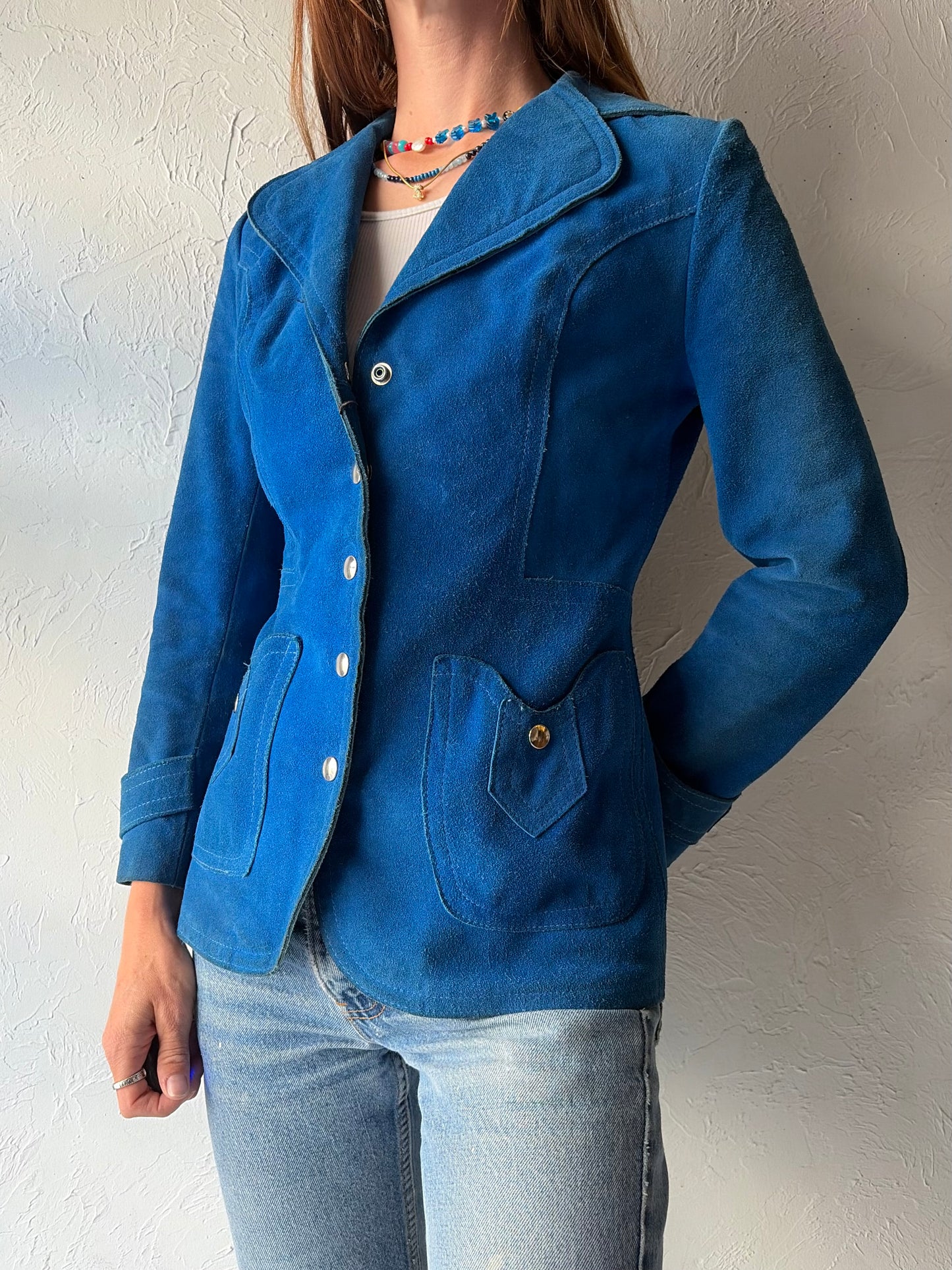 70s Blue Suede Leather Snap up Retro Jacket / XS