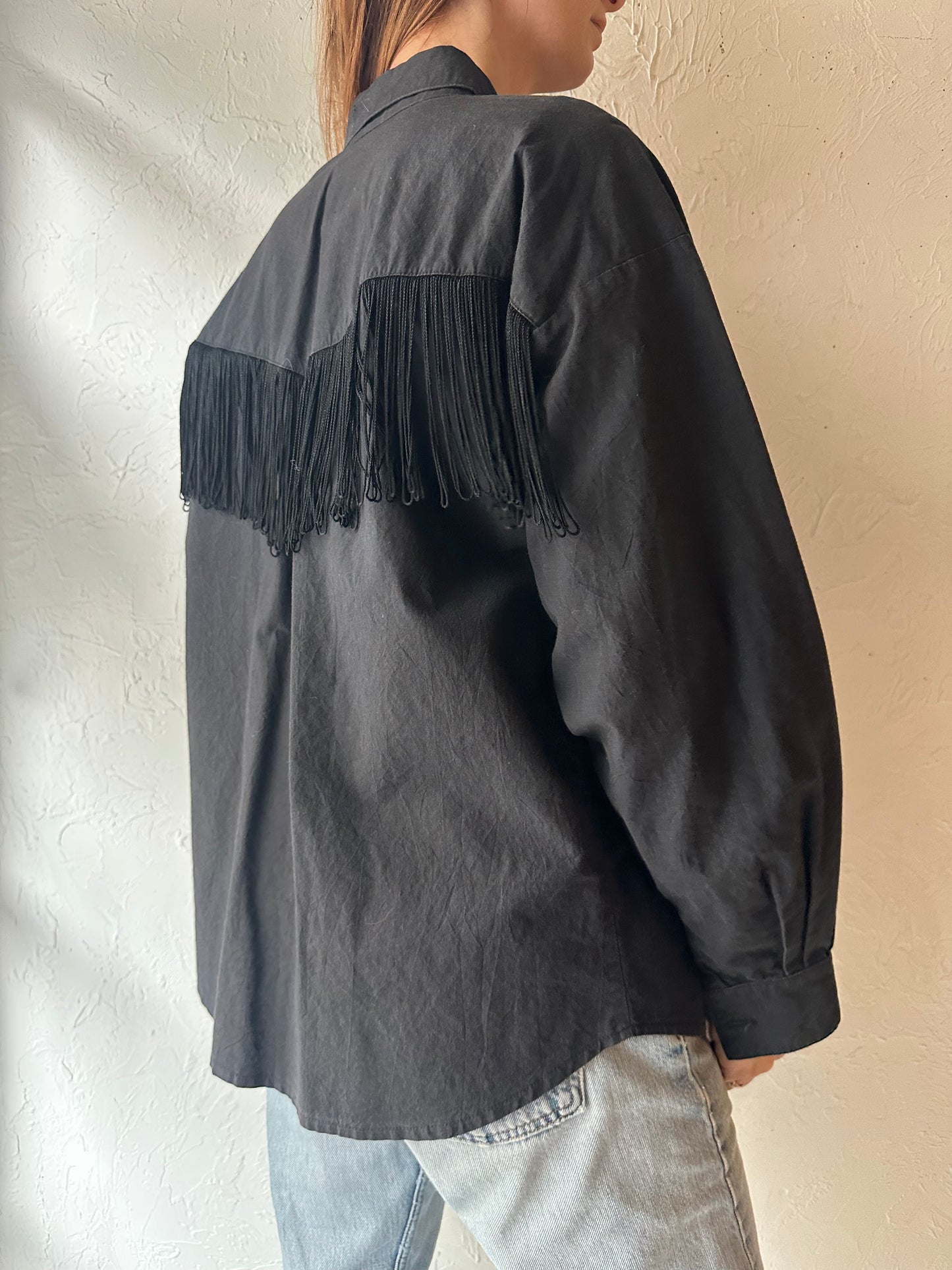 80s 'Lila Suilty' Black Western Fringe Shirt / Large